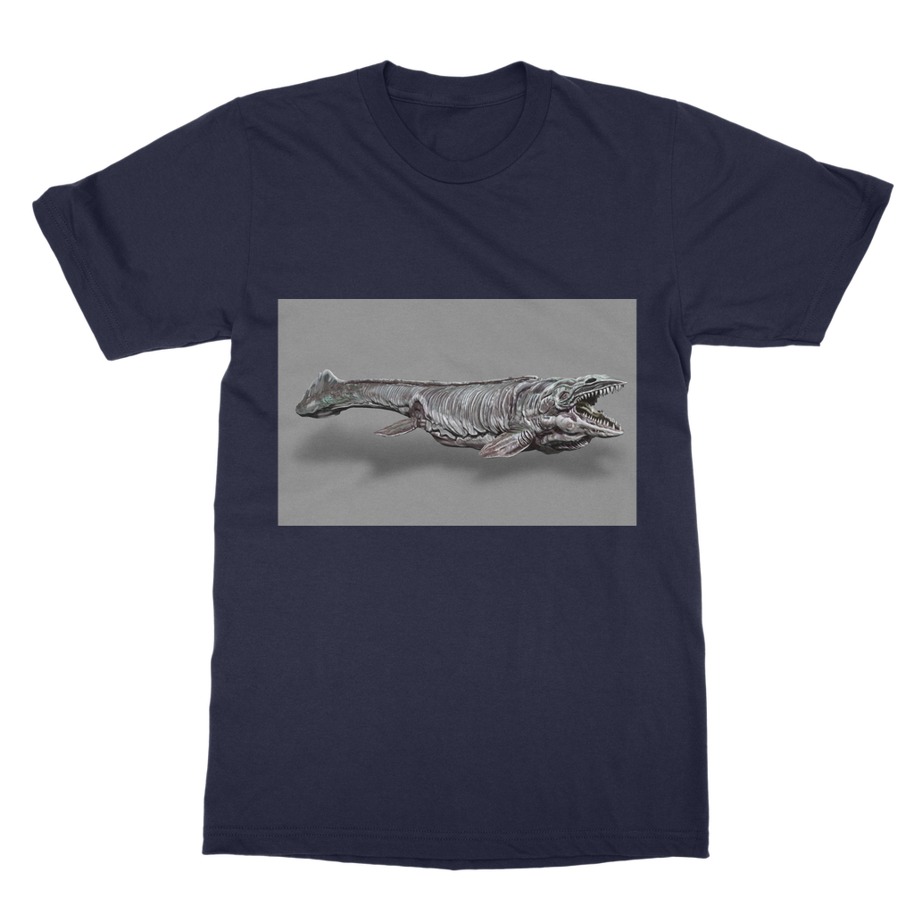 Dino Sea Creature Classic Adult T-Shirt featuring vibrant dinosaur and sea creature prints on a soft cotton fabric.