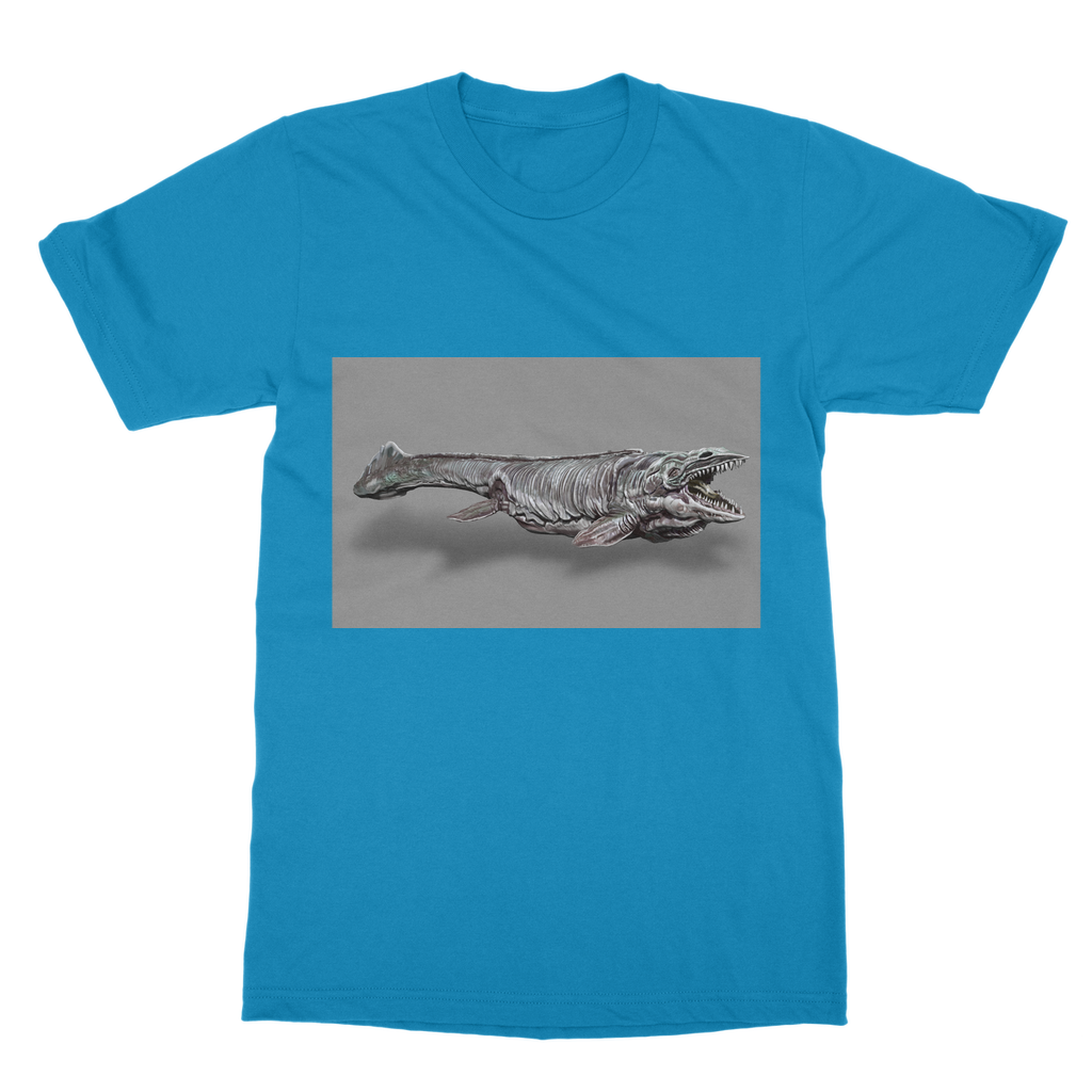 Dino Sea Creature Classic Adult T-Shirt featuring vibrant dinosaur and sea creature prints on a soft cotton fabric.