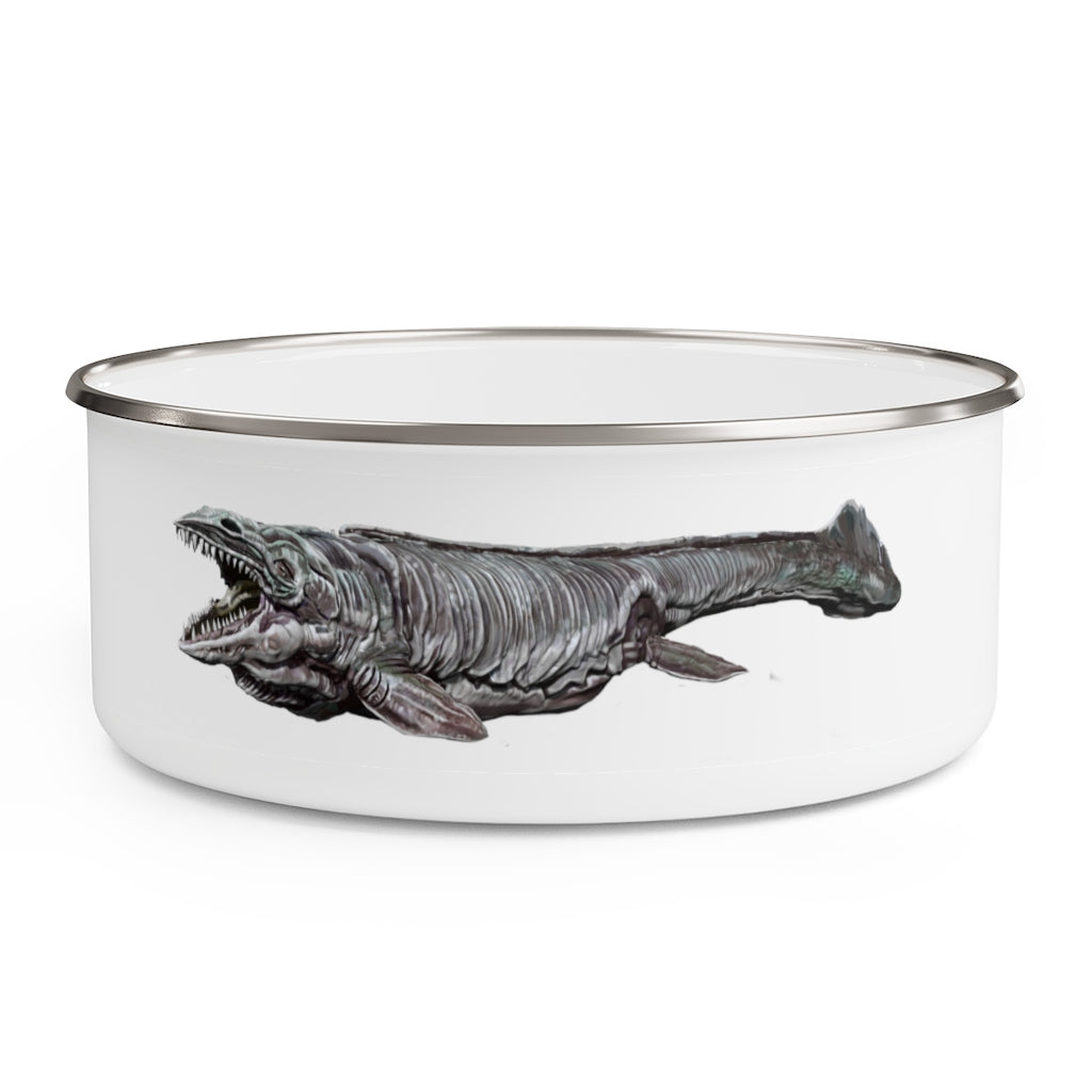 Dino Sea Creature Enamel Bowl featuring a vibrant design, made of stainless steel with a translucent lid and anti-slip backing.