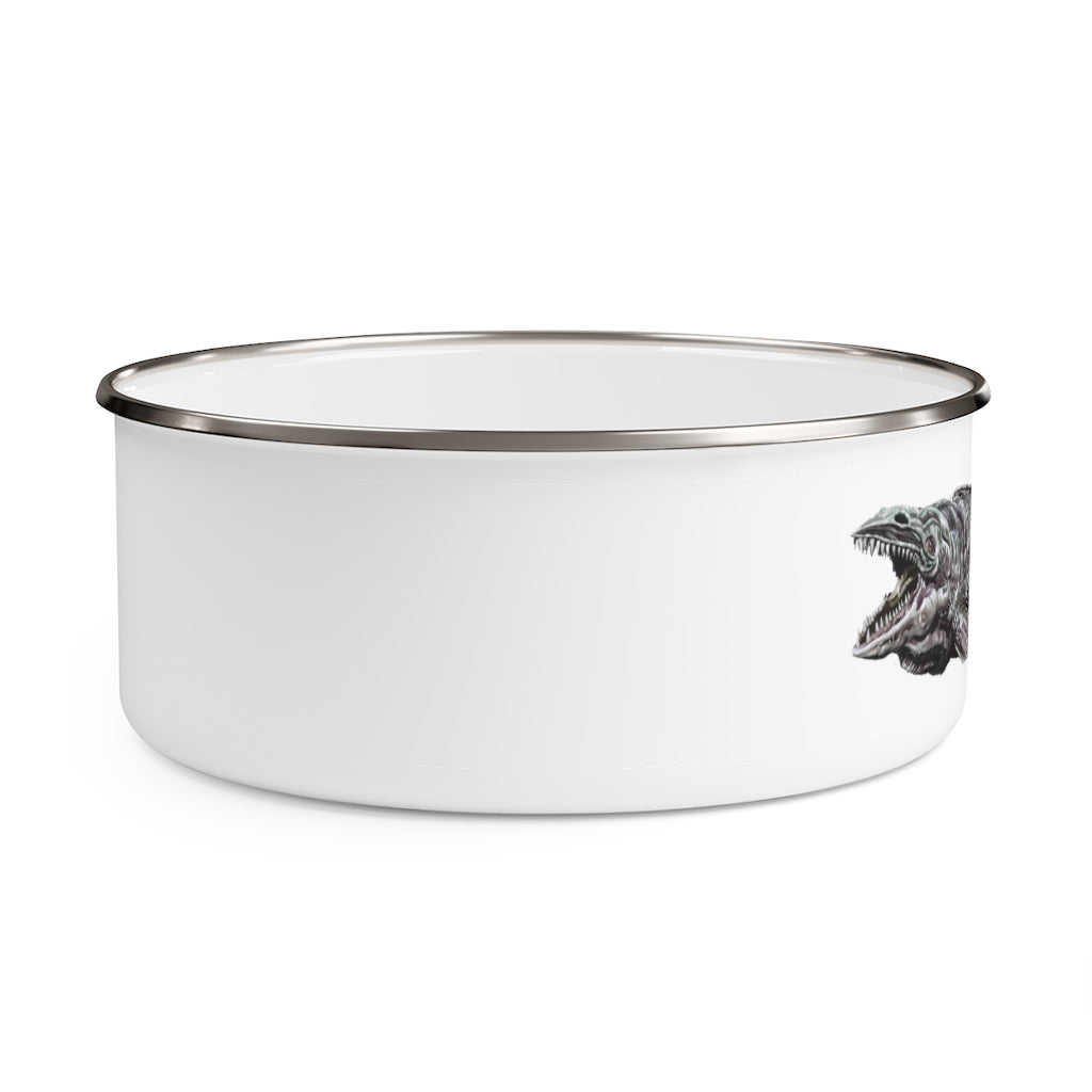 Dino Sea Creature Enamel Bowl featuring a vibrant design, made of stainless steel with a translucent lid and anti-slip backing.