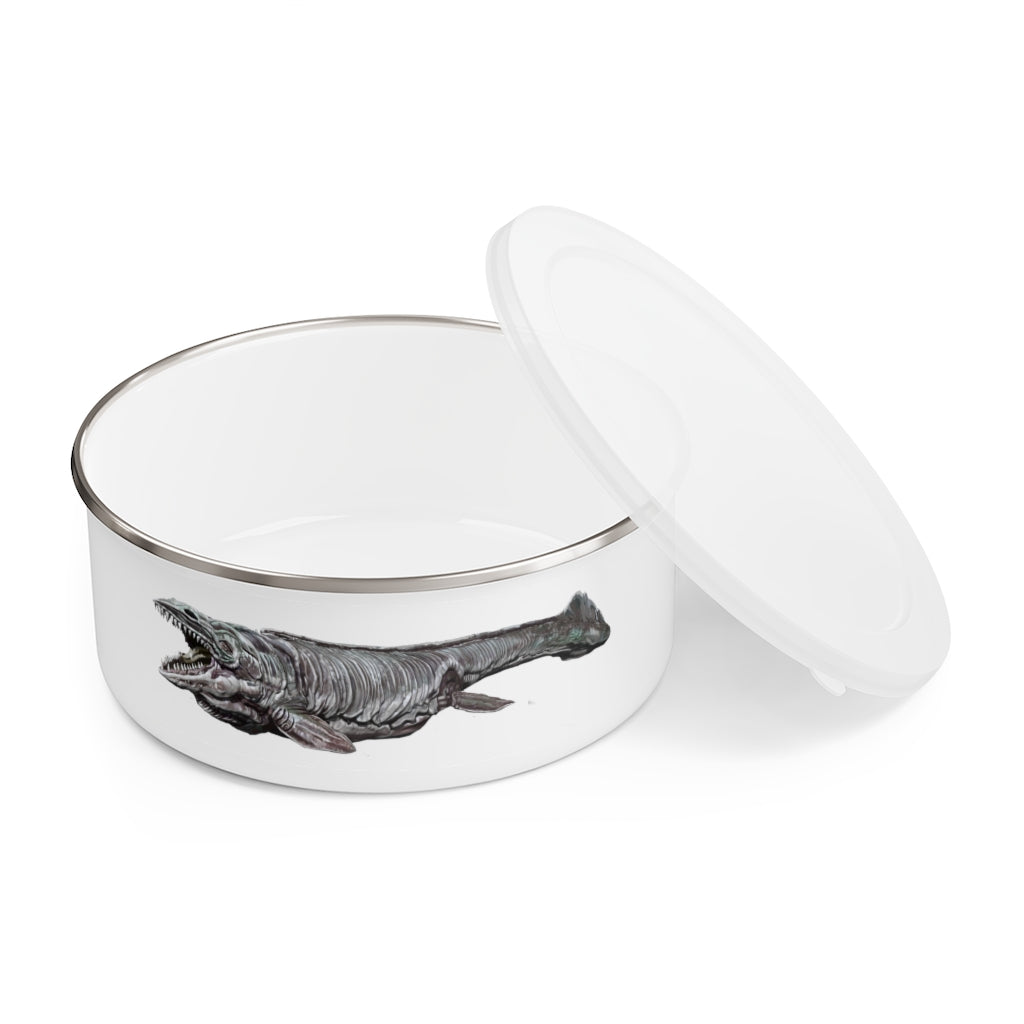 Dino Sea Creature Enamel Bowl featuring a vibrant design, made of stainless steel with a translucent lid and anti-slip backing.