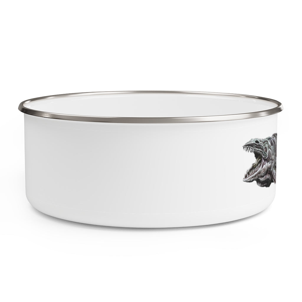 Dino Sea Creature Enamel Bowl featuring a vibrant design, made of stainless steel with a translucent lid and anti-slip backing.