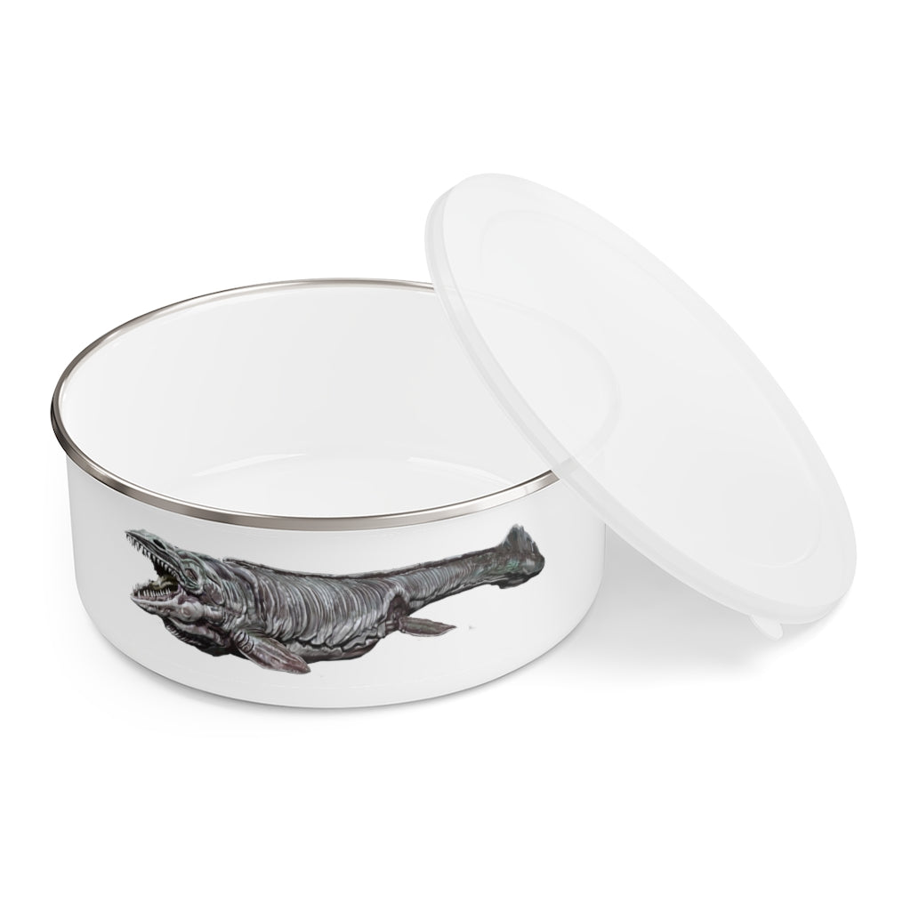 Dino Sea Creature Enamel Bowl featuring a vibrant design, made of stainless steel with a translucent lid and anti-slip backing.