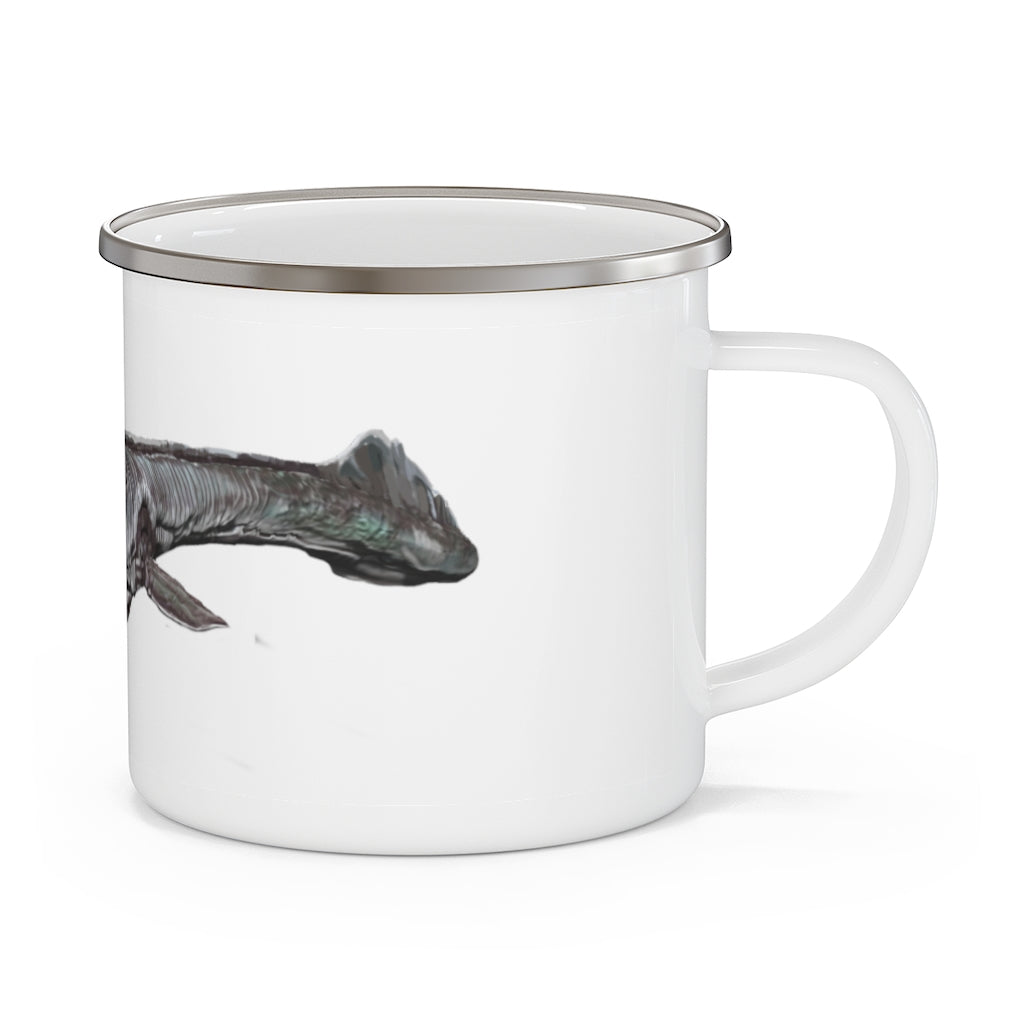 Dino Sea Creature Enamel Camping Mug with colorful dinosaur design, perfect for outdoor adventures and personalized beverages.