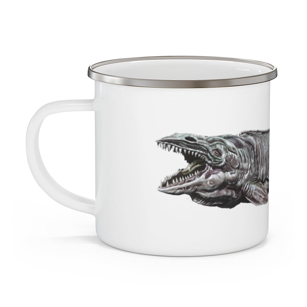 Dino Sea Creature Enamel Camping Mug with colorful dinosaur design, perfect for outdoor adventures and personalized beverages.