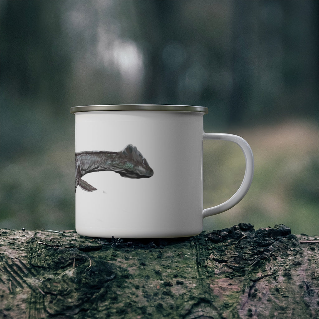 Dino Sea Creature Enamel Camping Mug with colorful dinosaur design, perfect for outdoor adventures and personalized beverages.