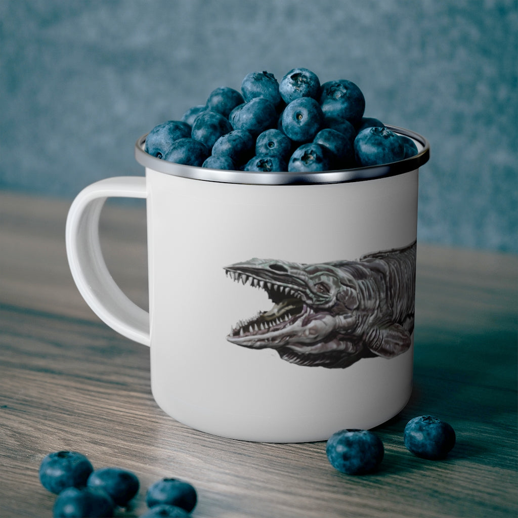 Dino Sea Creature Enamel Camping Mug with colorful dinosaur design, perfect for outdoor adventures and personalized beverages.