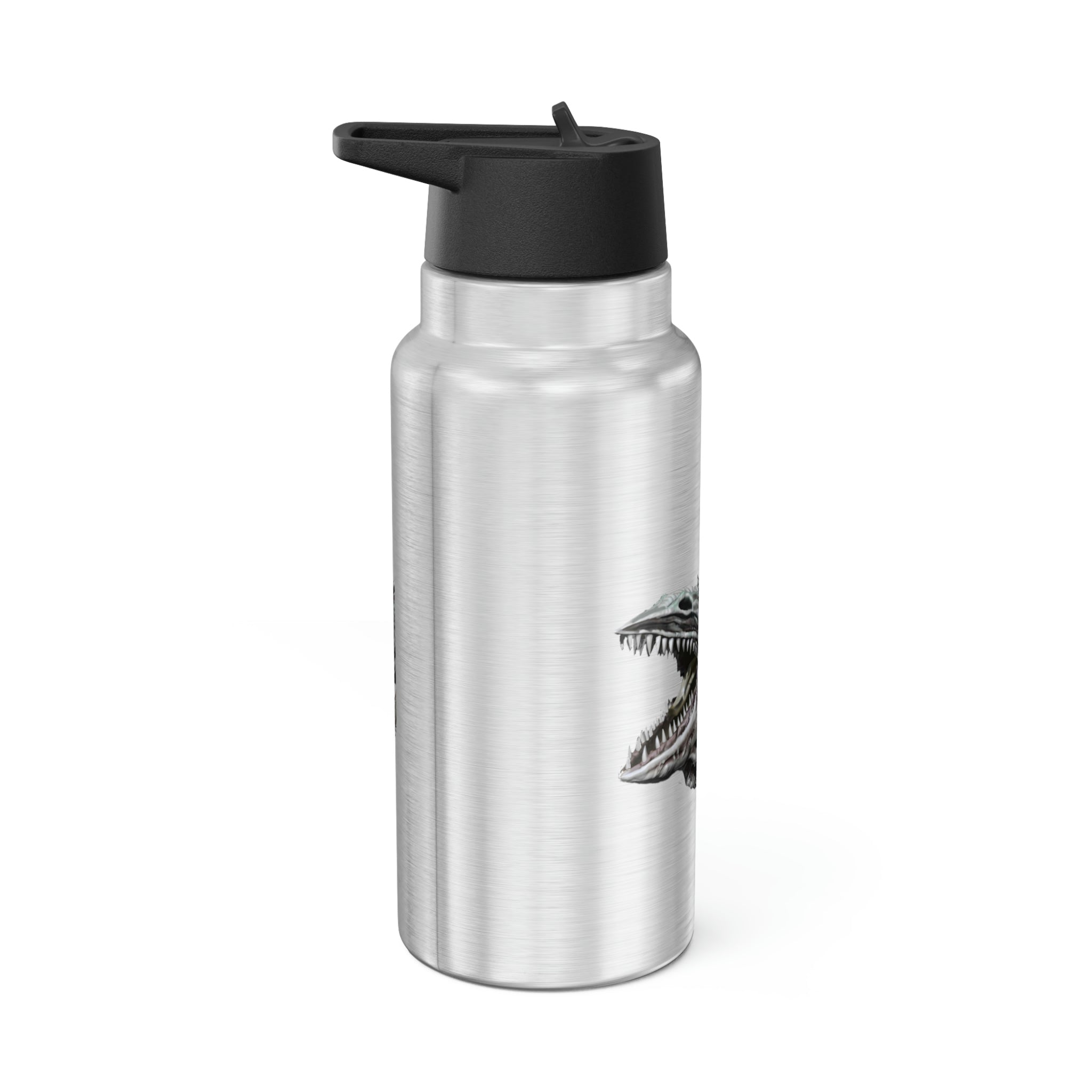 Dino Sea Creature Gator Tumbler, 32oz stainless steel drinkware with a black plastic cap and straw, featuring customizable design.