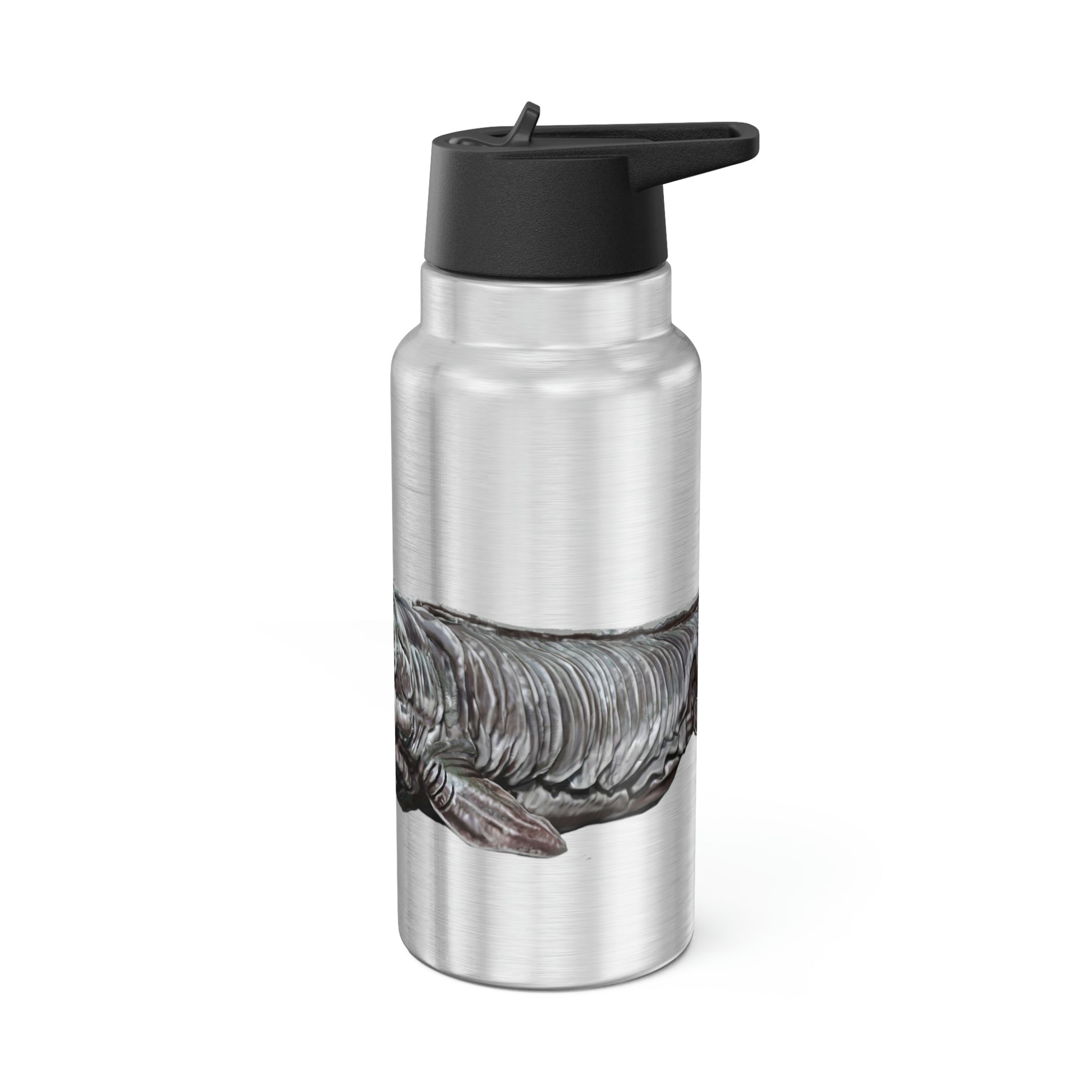 Dino Sea Creature Gator Tumbler, 32oz stainless steel drinkware with a black plastic cap and straw, featuring customizable design.