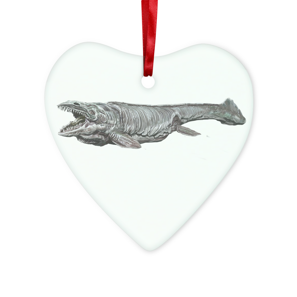 Dino Sea Creature Glass Hanging Ornament with red ribbon and gold string, available in round and heart shapes, elegantly packaged.