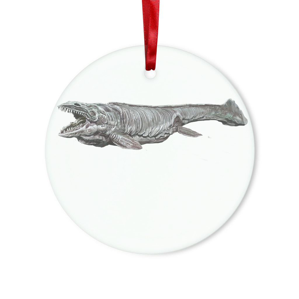 Dino Sea Creature Glass Hanging Ornament with red ribbon and gold string, available in round and heart shapes, elegantly packaged.