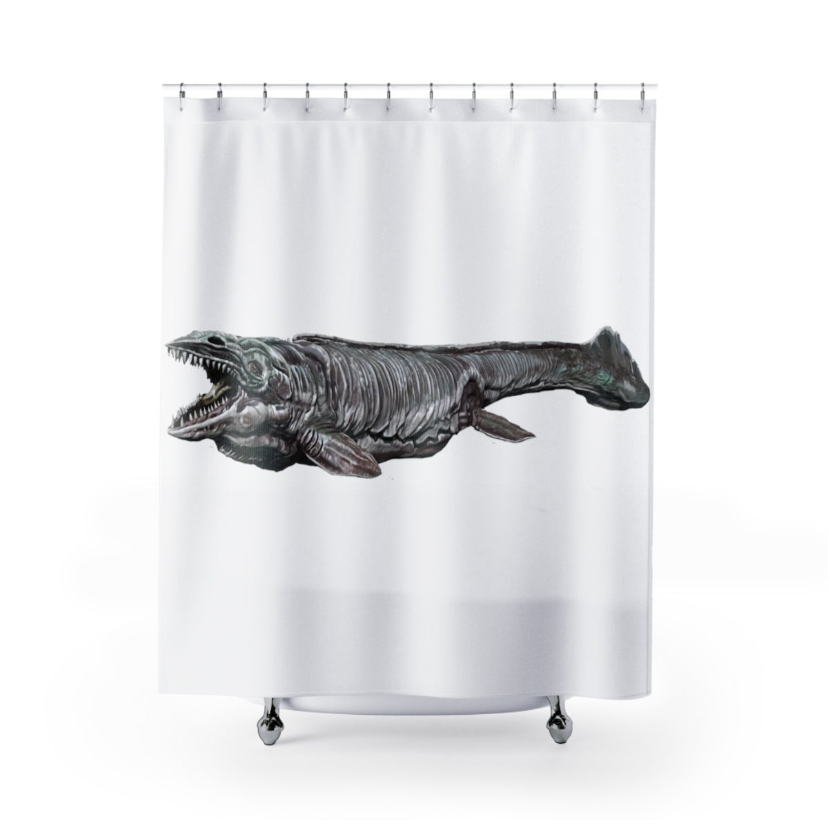 Colorful Dino Sea Creature Shower Curtain featuring playful dinosaur and sea creature designs on a durable polyester fabric.