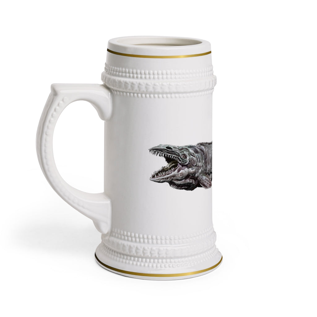 Dino Sea Creature Stein Mug featuring a classic ribbed design and durable white ceramic material.