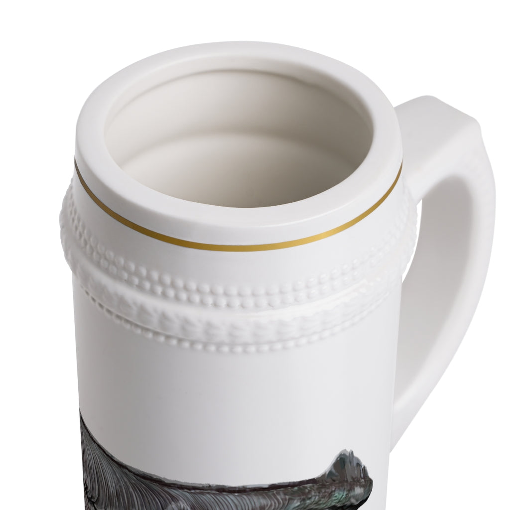 Dino Sea Creature Stein Mug featuring a classic ribbed design and durable white ceramic material.