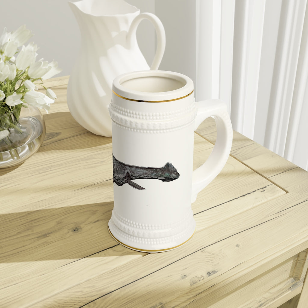 Dino Sea Creature Stein Mug featuring a classic ribbed design and durable white ceramic material.