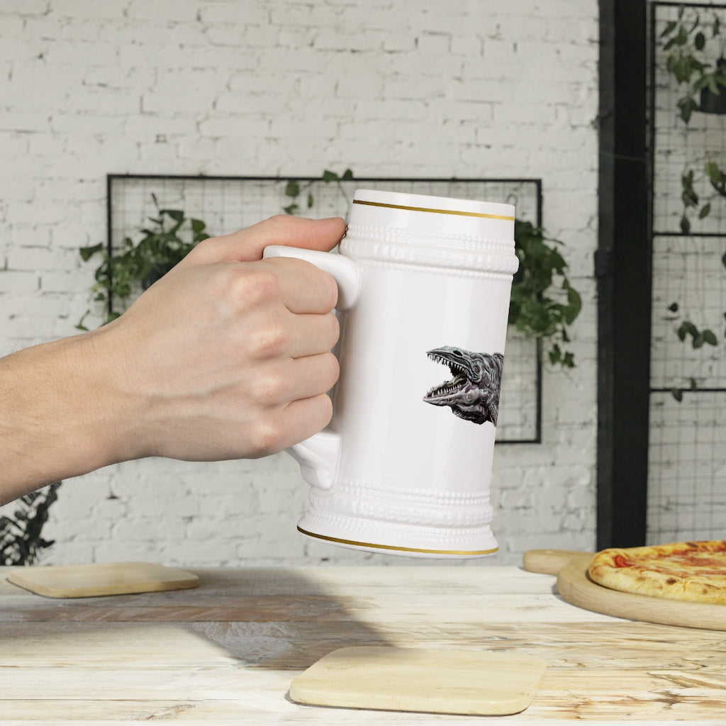 A stylish Dino Sea Creature Stein Mug made of durable white ceramic with ribbed outlines and a customizable design.