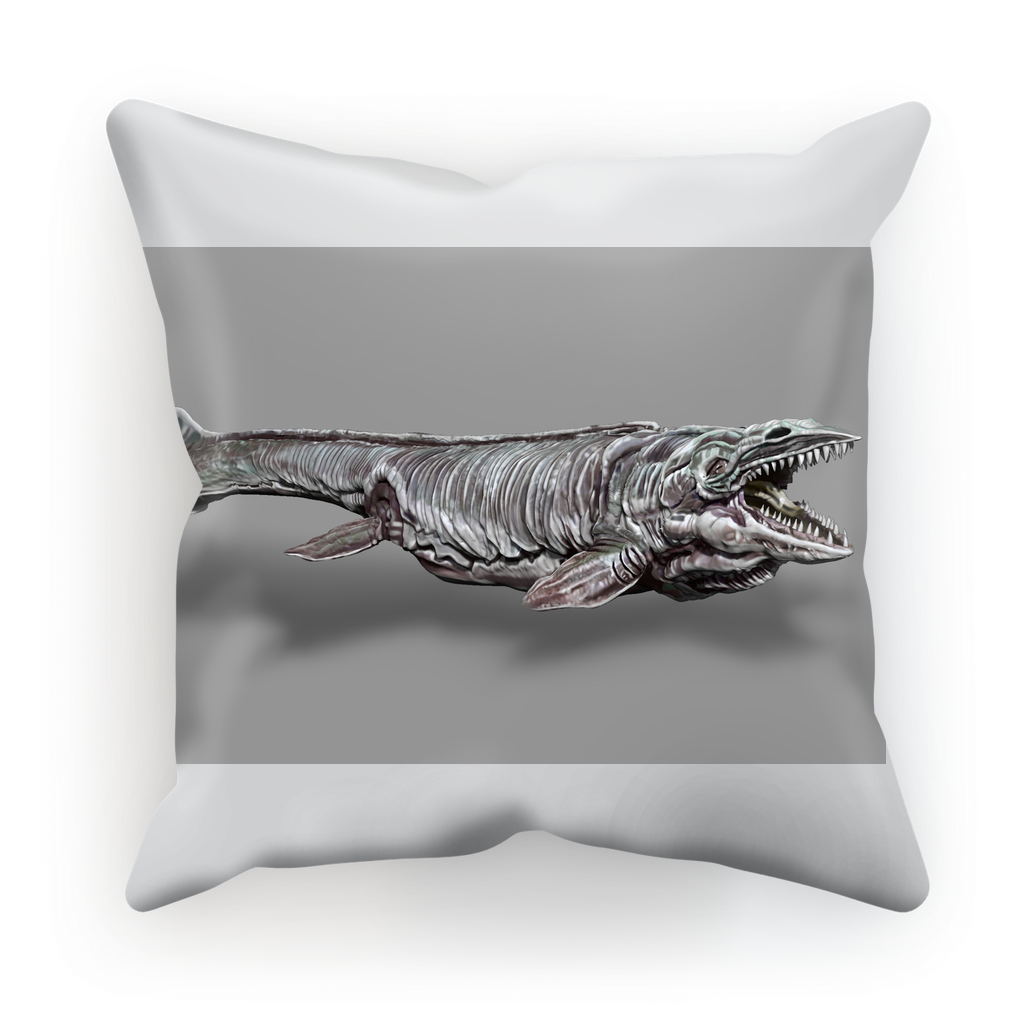 Dino Sea Creature Sublimation Cushion Cover featuring vibrant colors and playful design, available in two sizes and made from soft suede or satin.