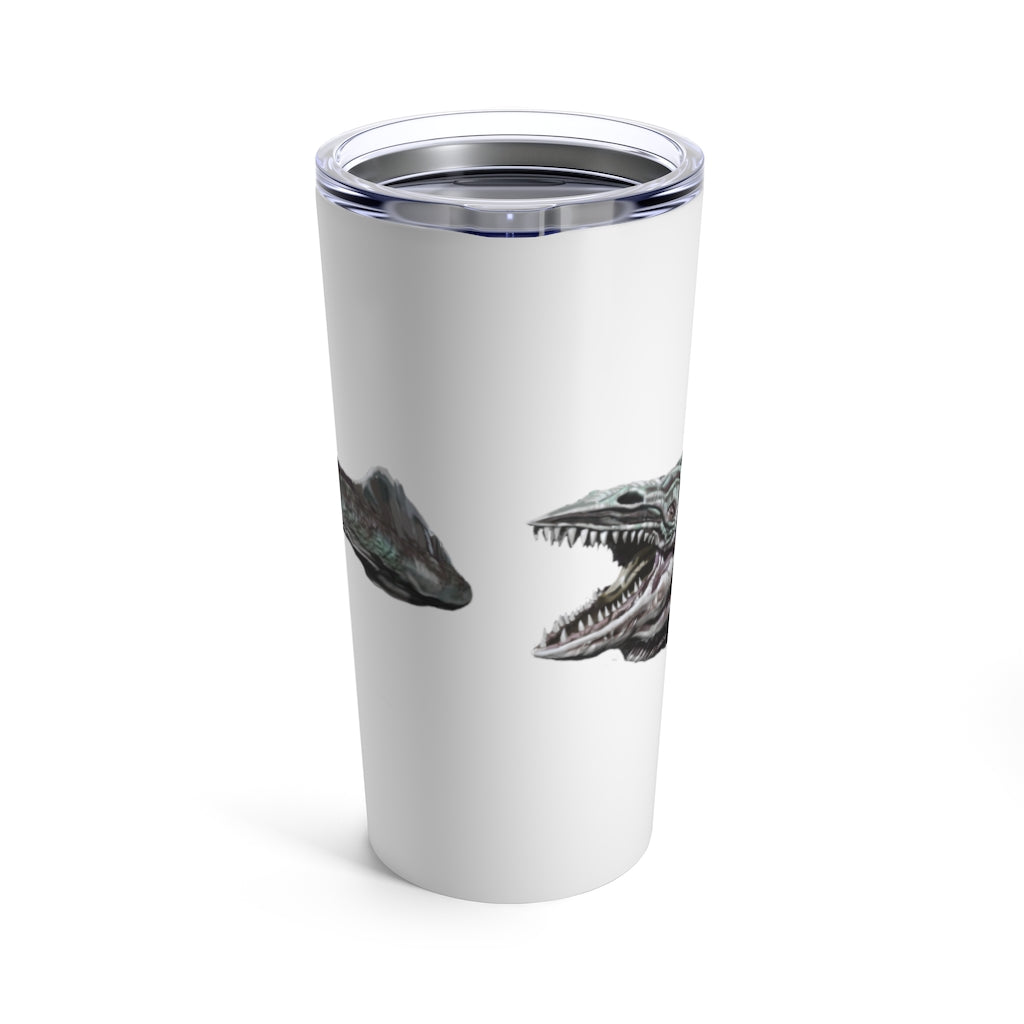 Dino Sea Creature Tumbler 20oz featuring vibrant dinosaur graphics and a stainless steel body.