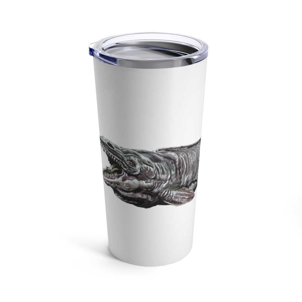 Dino Sea Creature Tumbler 20oz featuring vibrant dinosaur graphics and a stainless steel body.