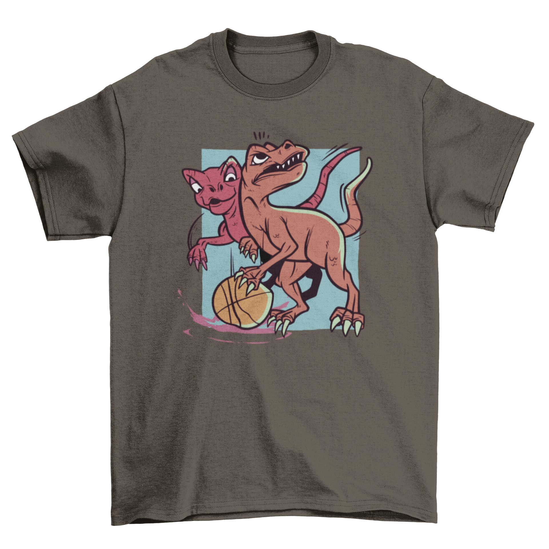 A colorful t-shirt featuring two playful dinosaurs playing basketball, showcasing a fun and vibrant design.