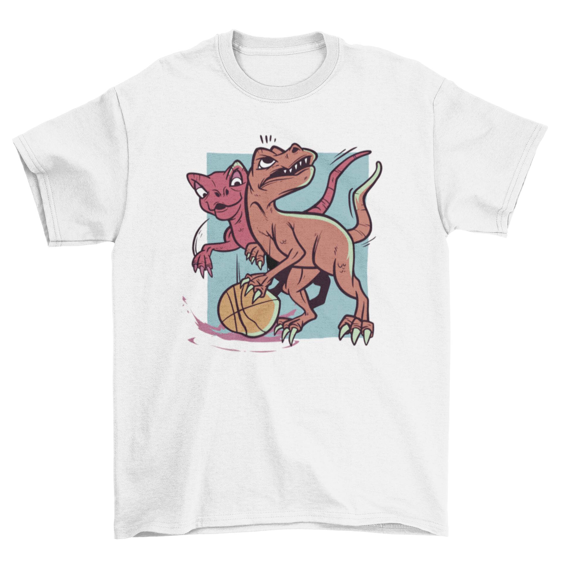 A colorful t-shirt featuring two playful dinosaurs playing basketball, showcasing a fun and vibrant design.