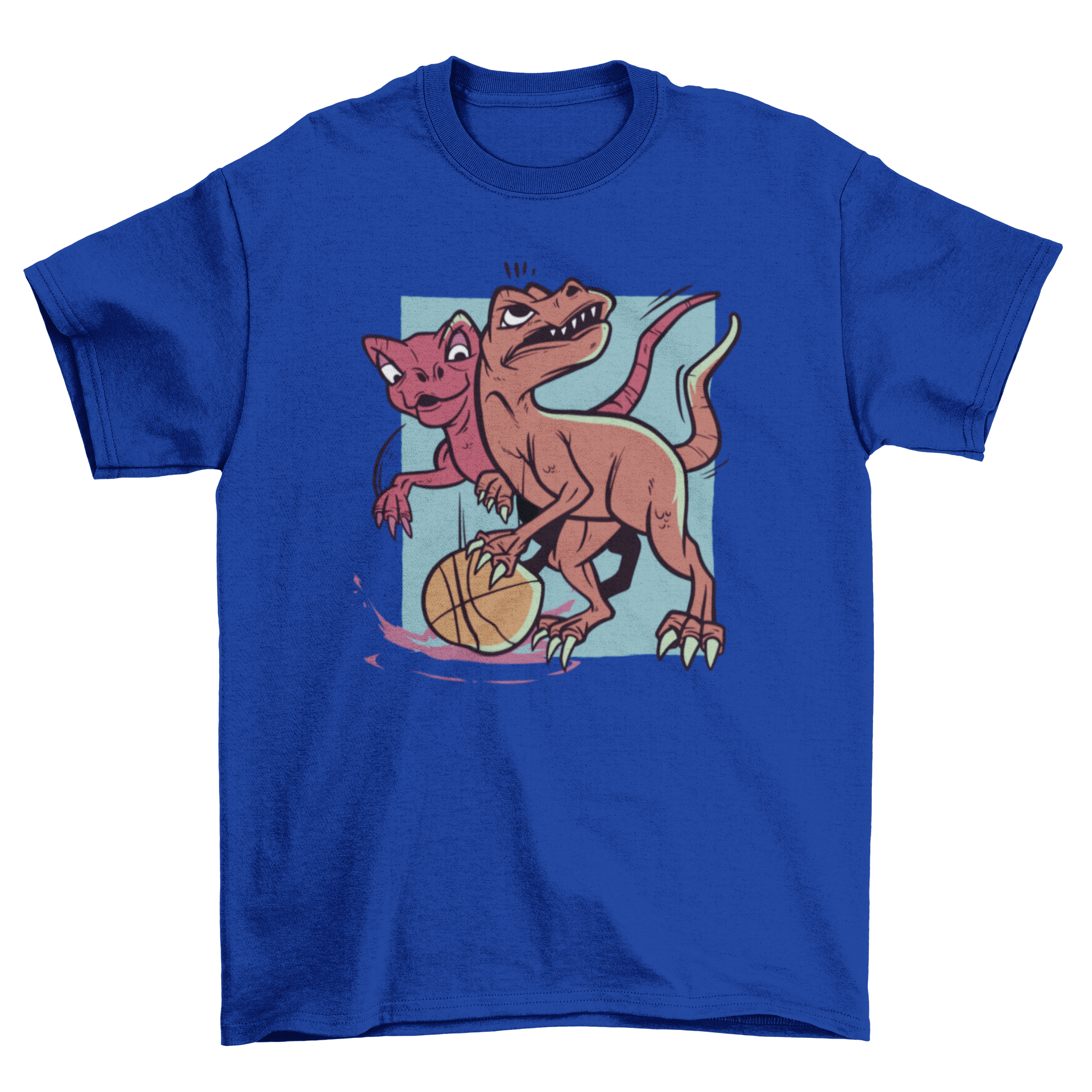 A colorful t-shirt featuring two playful dinosaurs playing basketball, showcasing a fun and vibrant design.