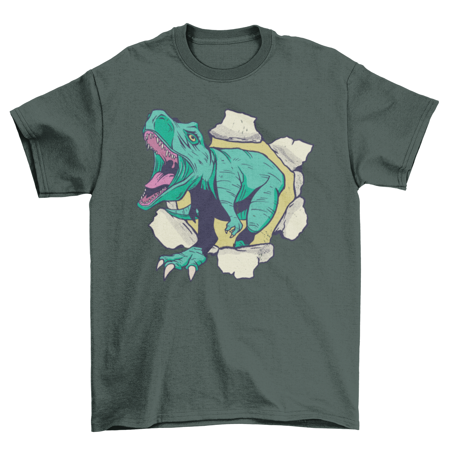 Dinosaur 3D t-shirt featuring a roaring T-Rex design in vibrant colors, perfect for dinosaur enthusiasts.