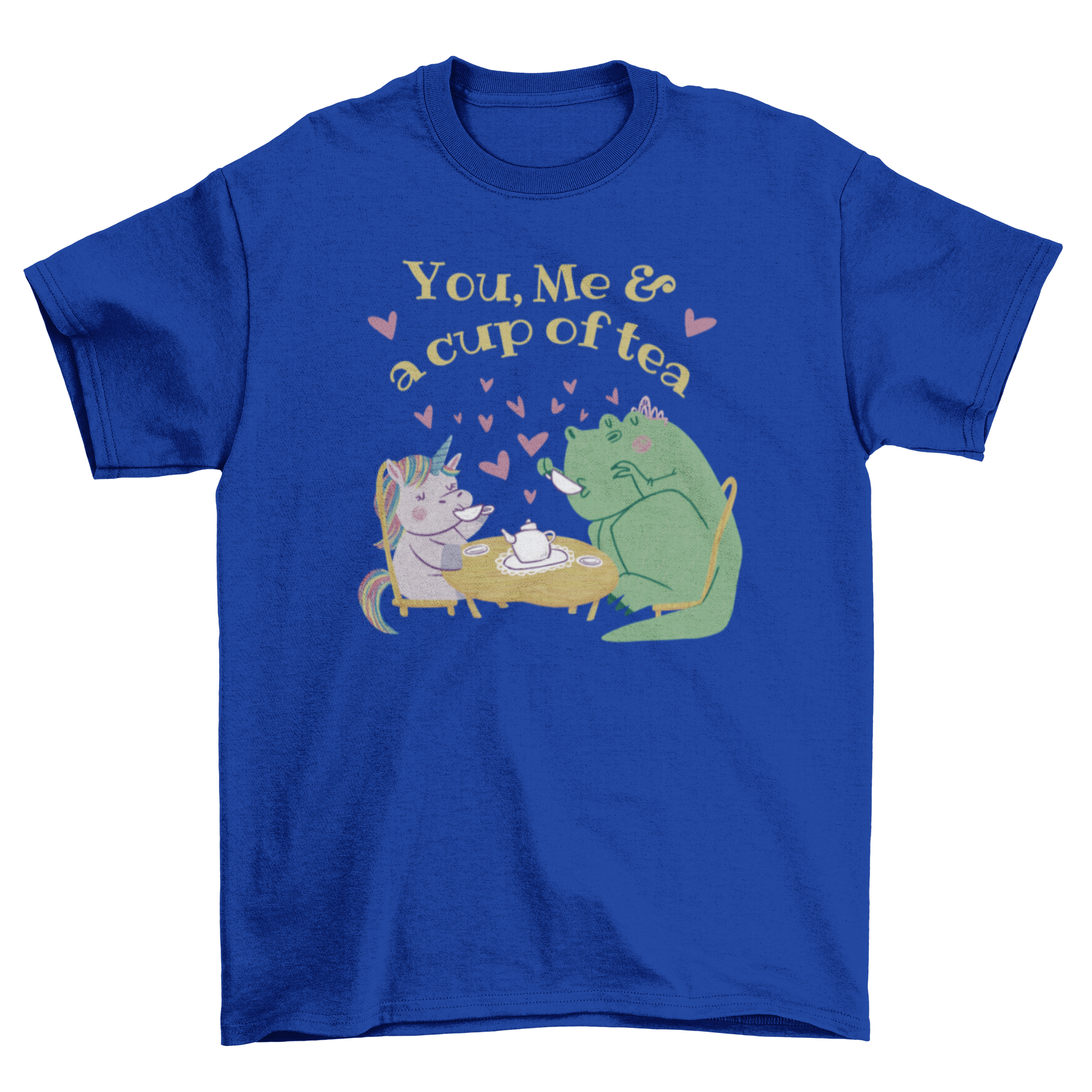 A colorful t-shirt featuring a dinosaur and unicorn drinking tea with the quote 'You, me and a cup of tea'.