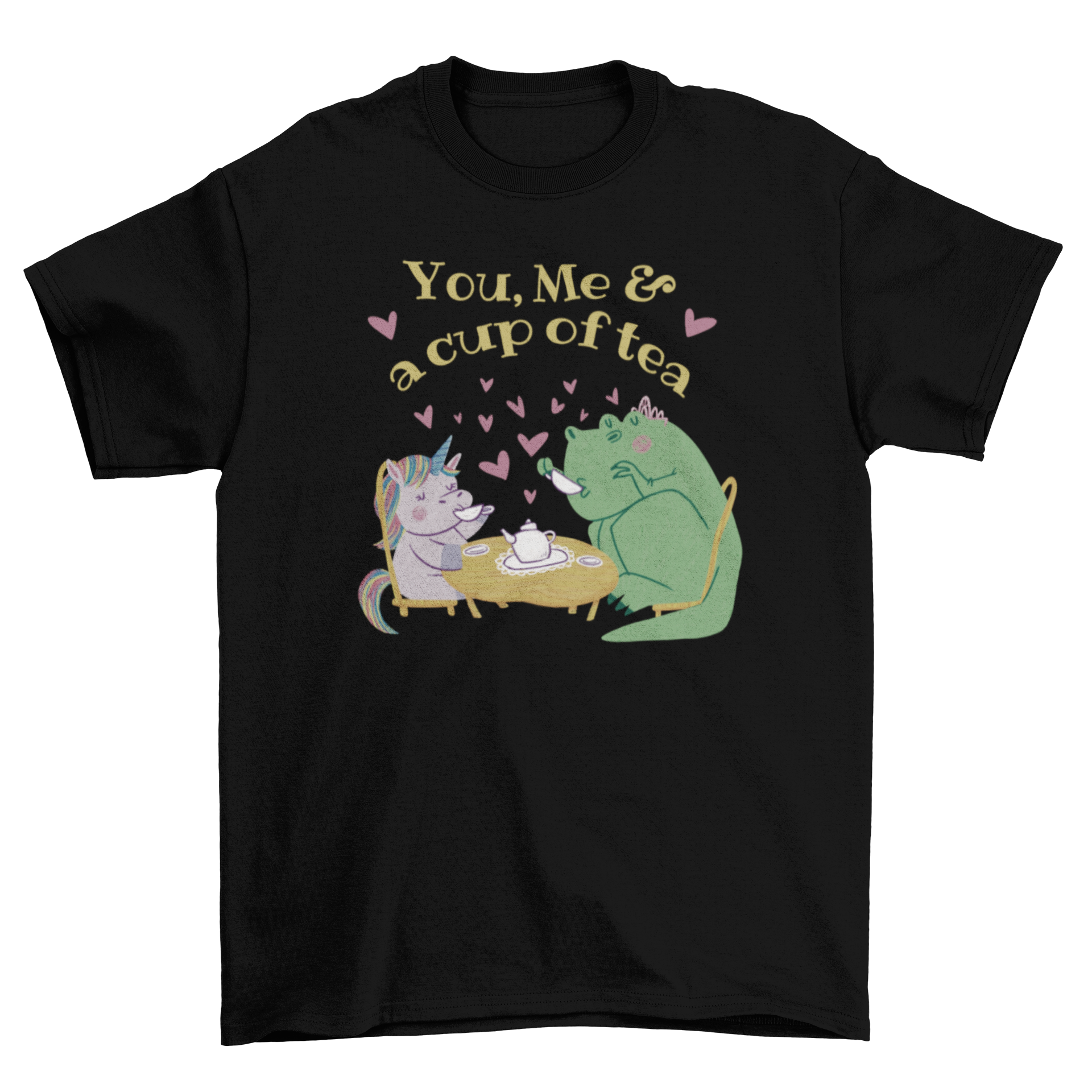 A colorful t-shirt featuring a dinosaur and unicorn drinking tea with the quote 'You, me and a cup of tea'.