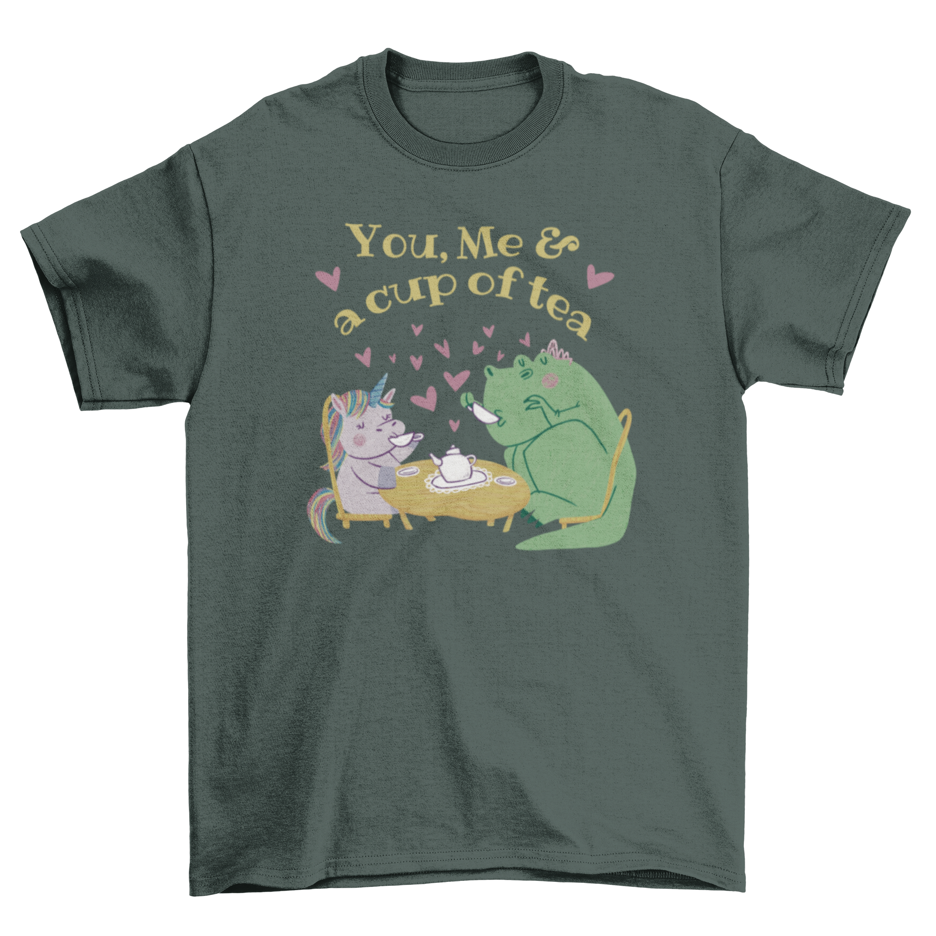 A colorful t-shirt featuring a dinosaur and unicorn drinking tea with the quote 'You, me and a cup of tea'.