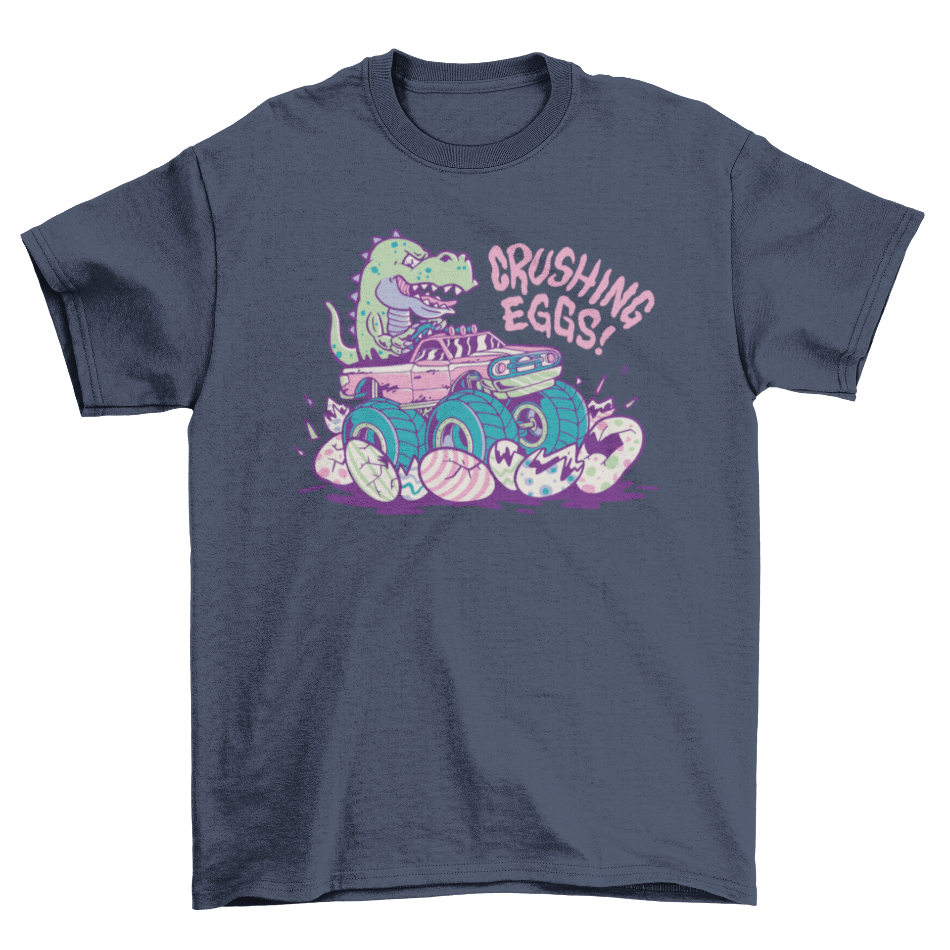 A colorful t-shirt featuring a dinosaur driving a car over Easter eggs, perfect for kids during Easter celebrations.