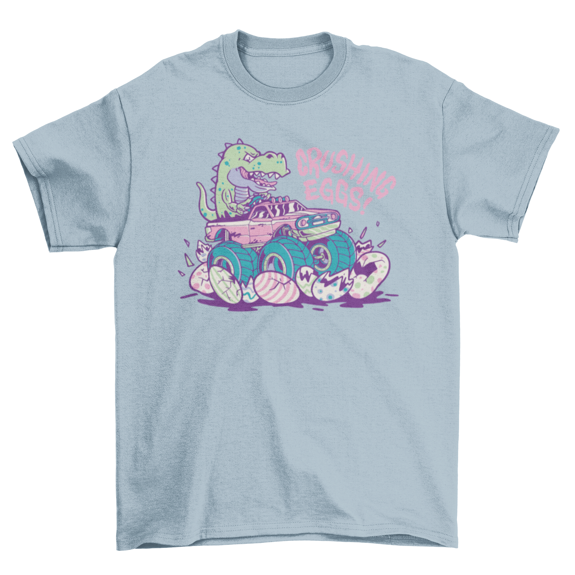 A colorful t-shirt featuring a dinosaur driving a car over Easter eggs, perfect for kids during Easter celebrations.