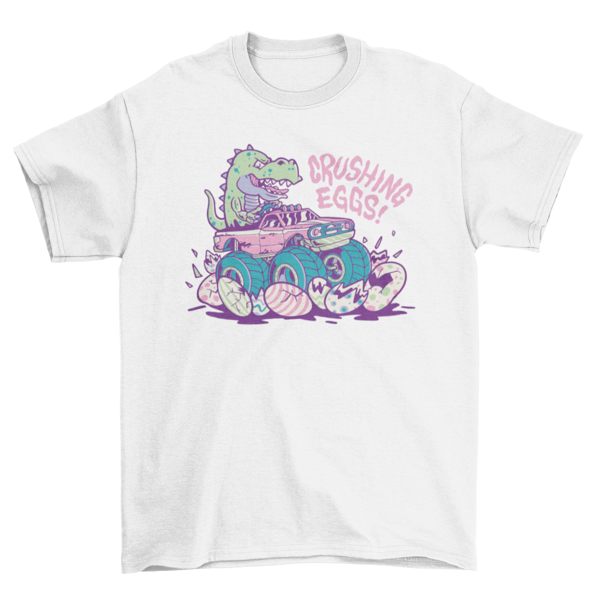 A colorful t-shirt featuring a dinosaur driving a car over Easter eggs, perfect for kids during Easter celebrations.