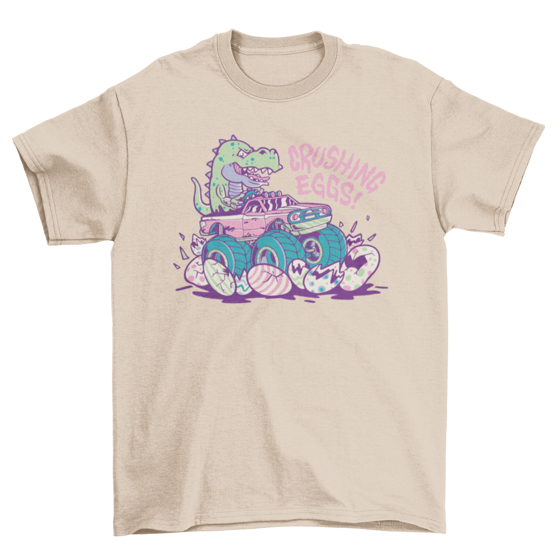 A colorful t-shirt featuring a dinosaur driving a car over Easter eggs, perfect for kids during Easter celebrations.