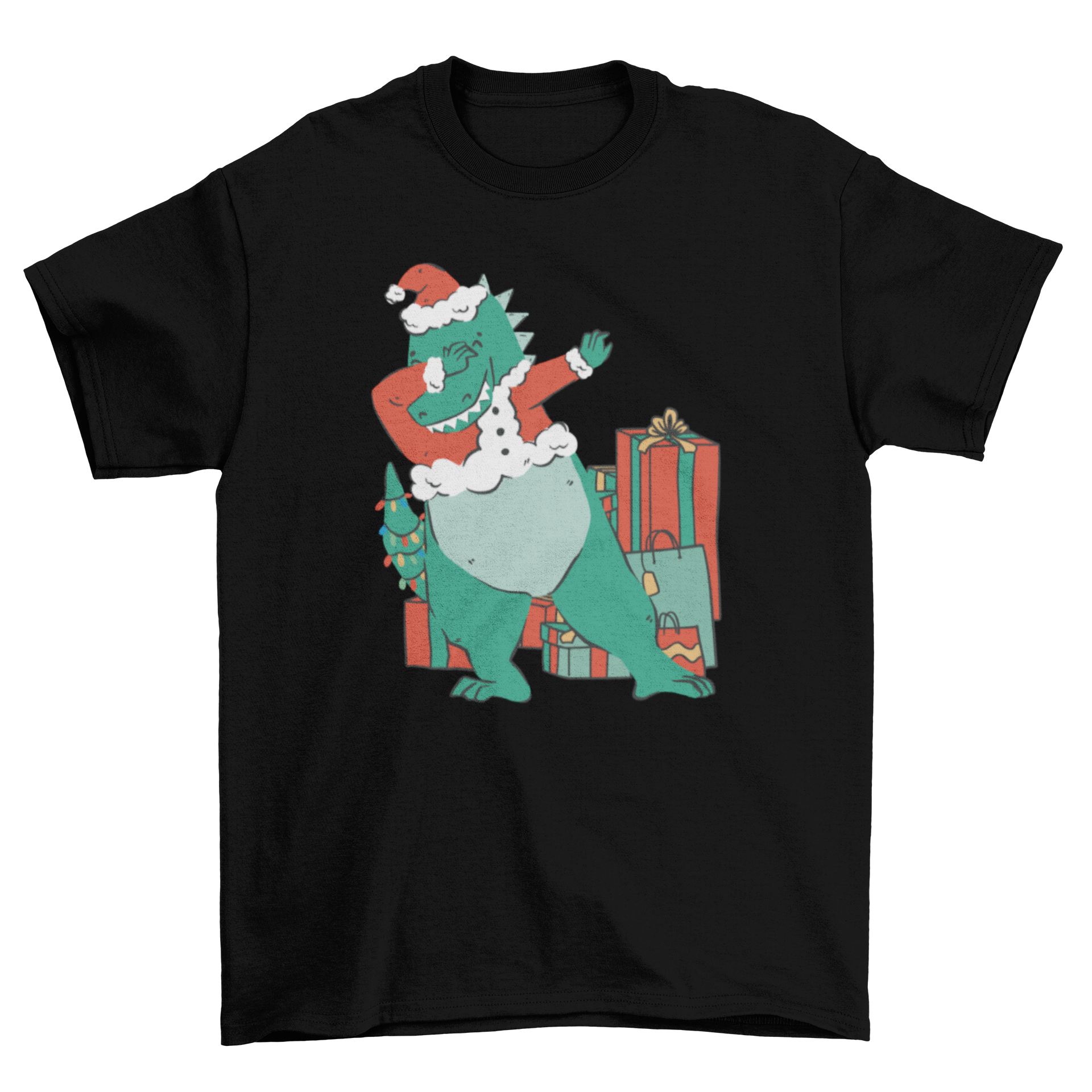 A festive t-shirt featuring a dinosaur dabbing with colorful Christmas presents in the background.