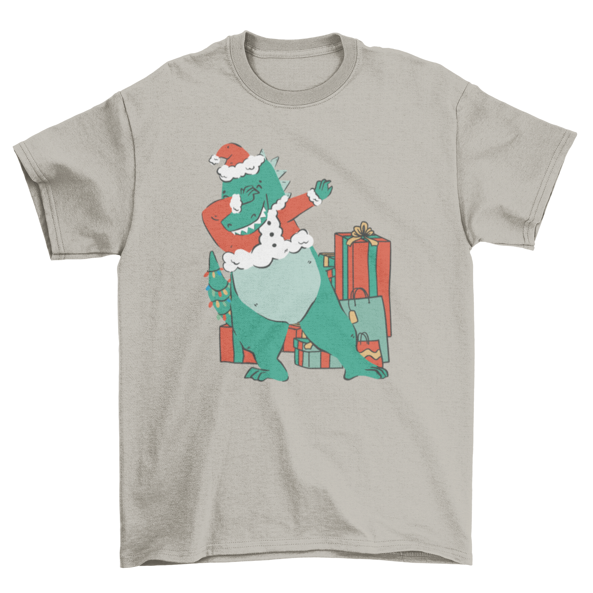 A festive t-shirt featuring a dinosaur dabbing with colorful Christmas presents in the background.