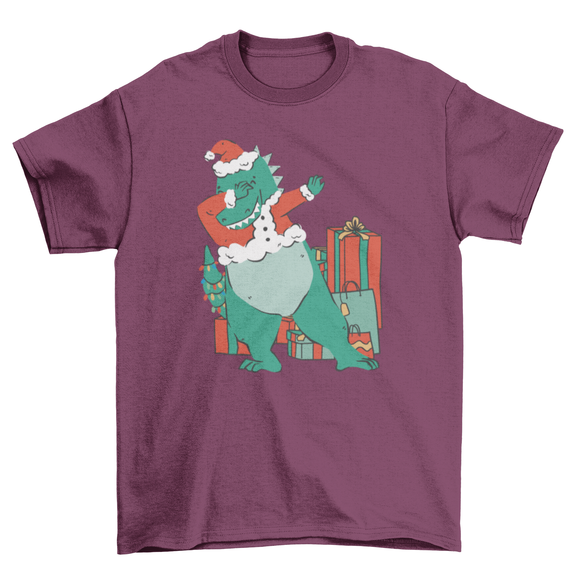 A festive t-shirt featuring a dinosaur dabbing with colorful Christmas presents in the background.