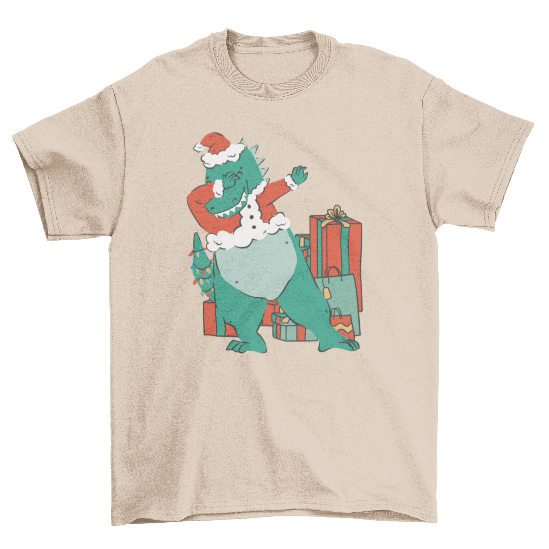 A festive t-shirt featuring a dinosaur dabbing with colorful Christmas presents in the background.