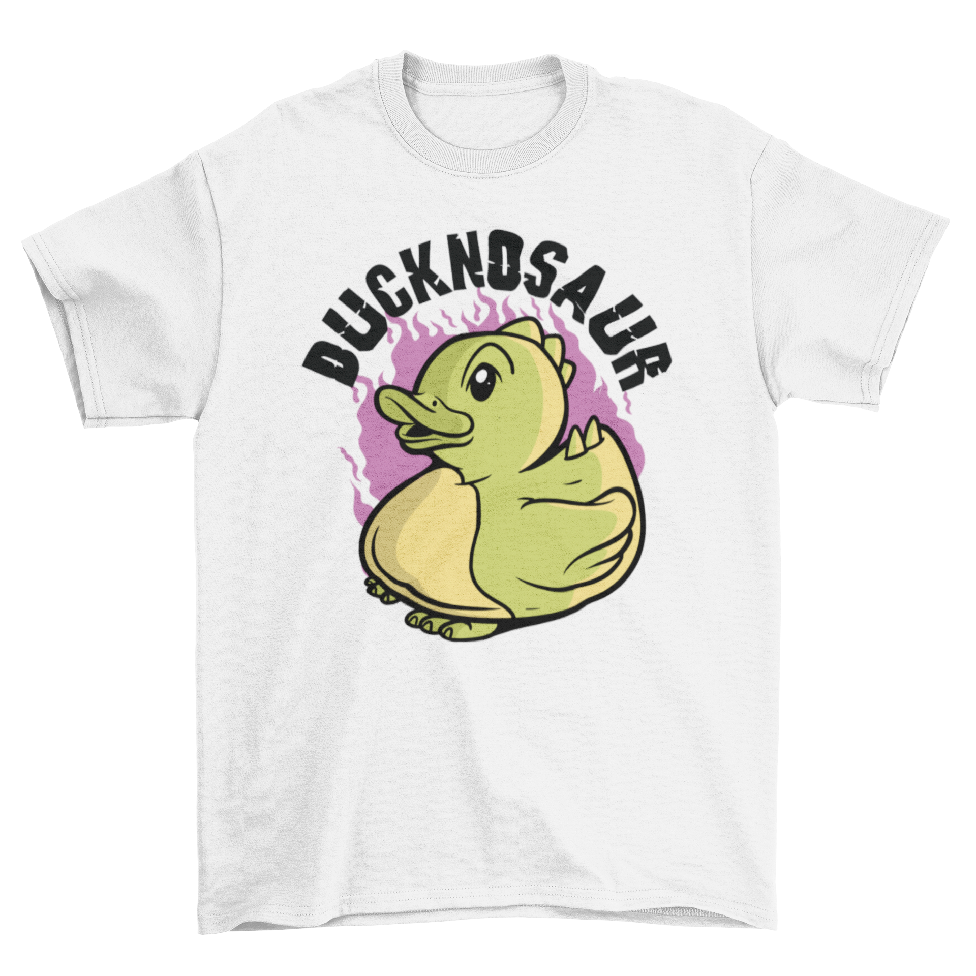 A colorful t-shirt featuring a cute dinosaur duck design with the quote 'Ducknosaur'.