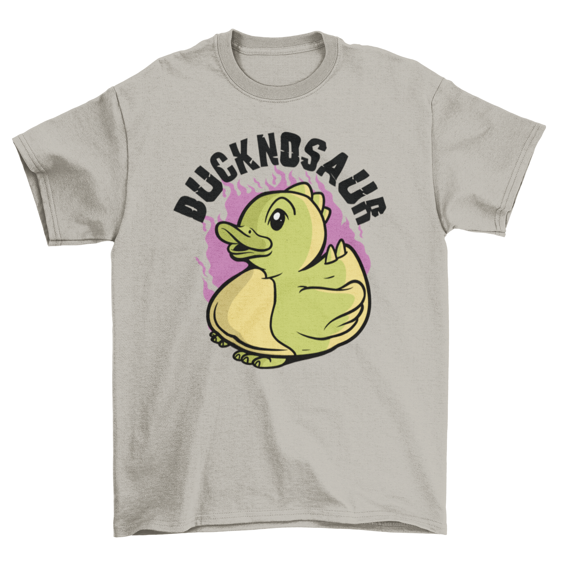 A colorful t-shirt featuring a cute dinosaur duck design with the quote 'Ducknosaur'.