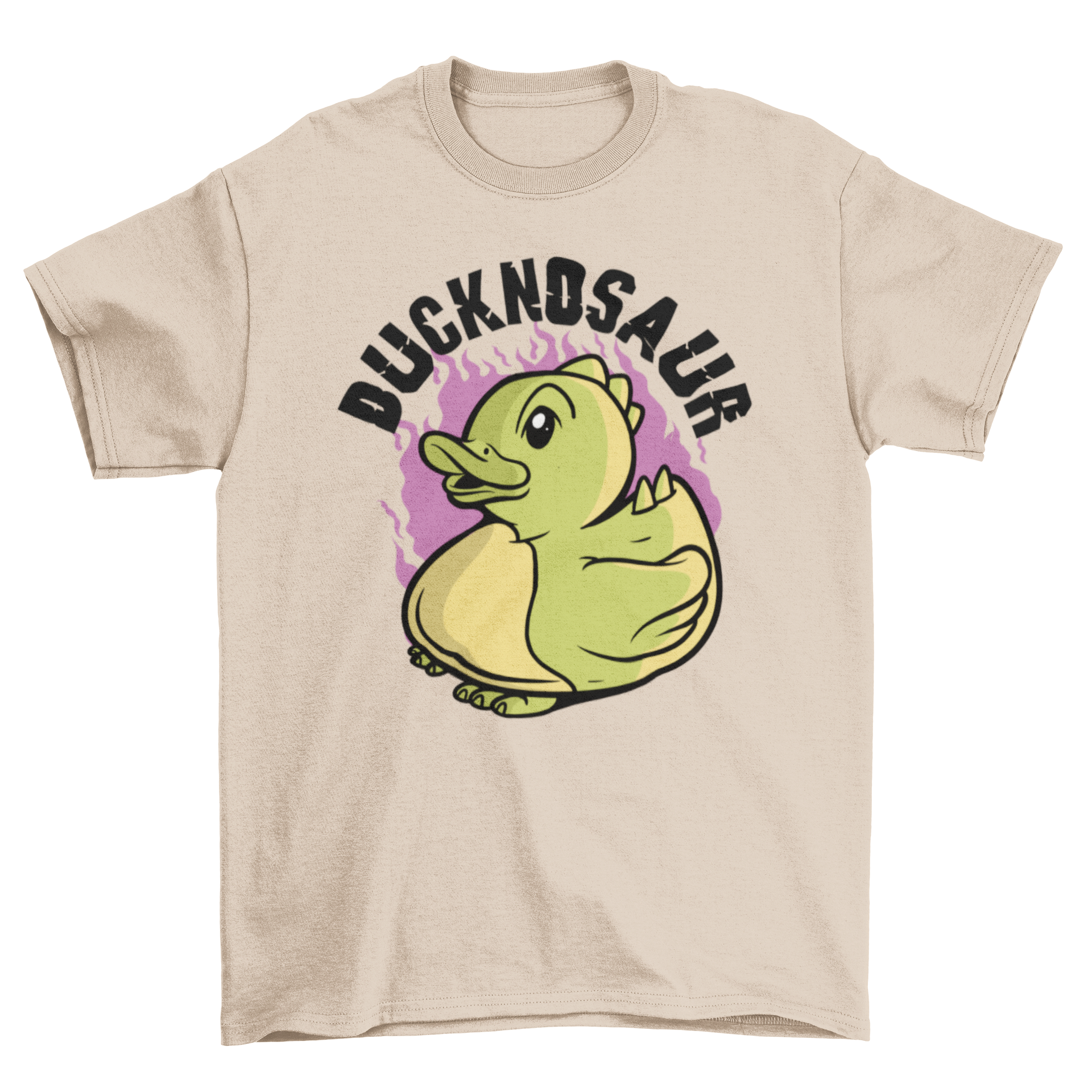 A colorful t-shirt featuring a cute dinosaur duck design with the quote 'Ducknosaur'.