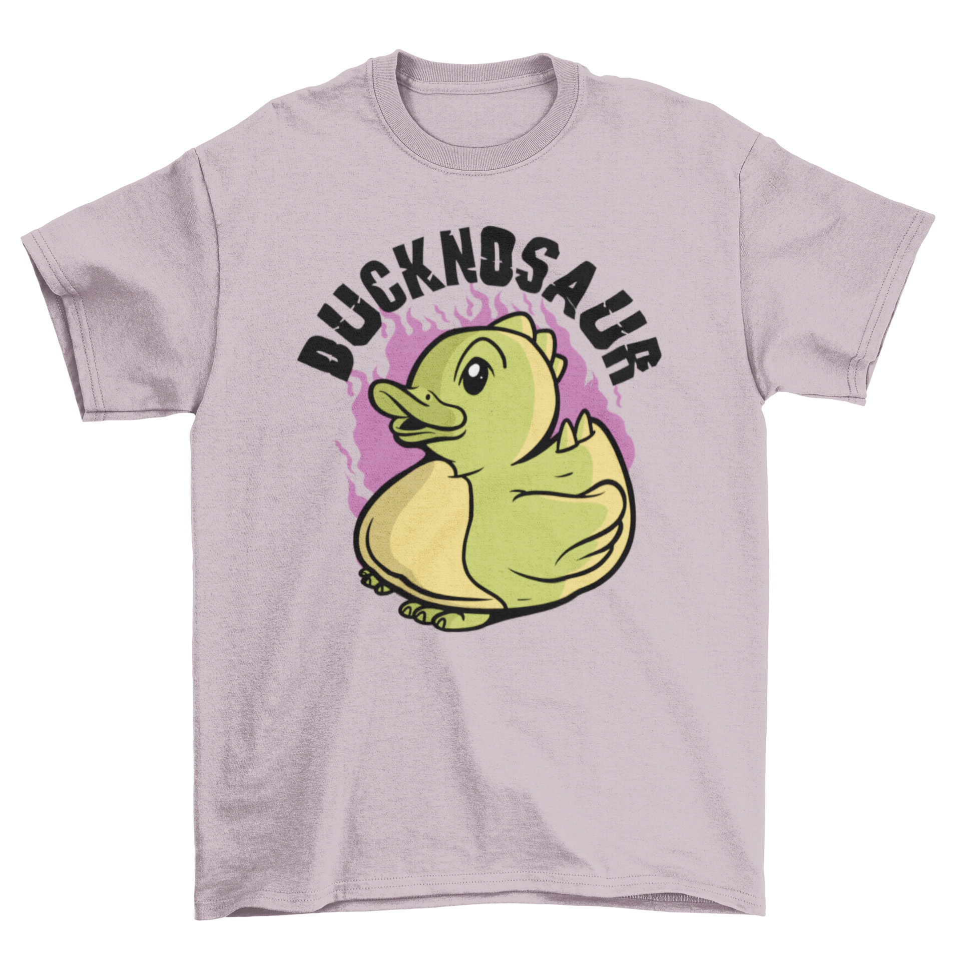 A colorful t-shirt featuring a cute dinosaur duck design with the quote 'Ducknosaur'.