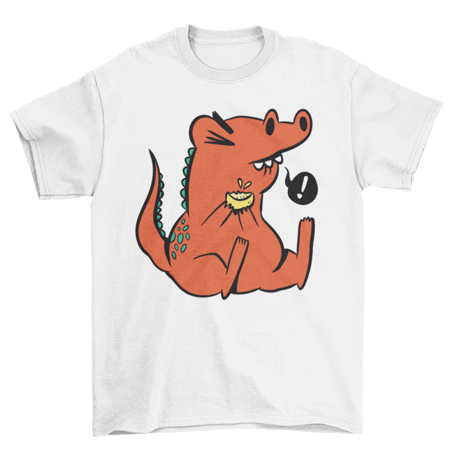 A colorful cartoon t-shirt featuring a dinosaur happily eating a lemon, showcasing a fun and playful design.