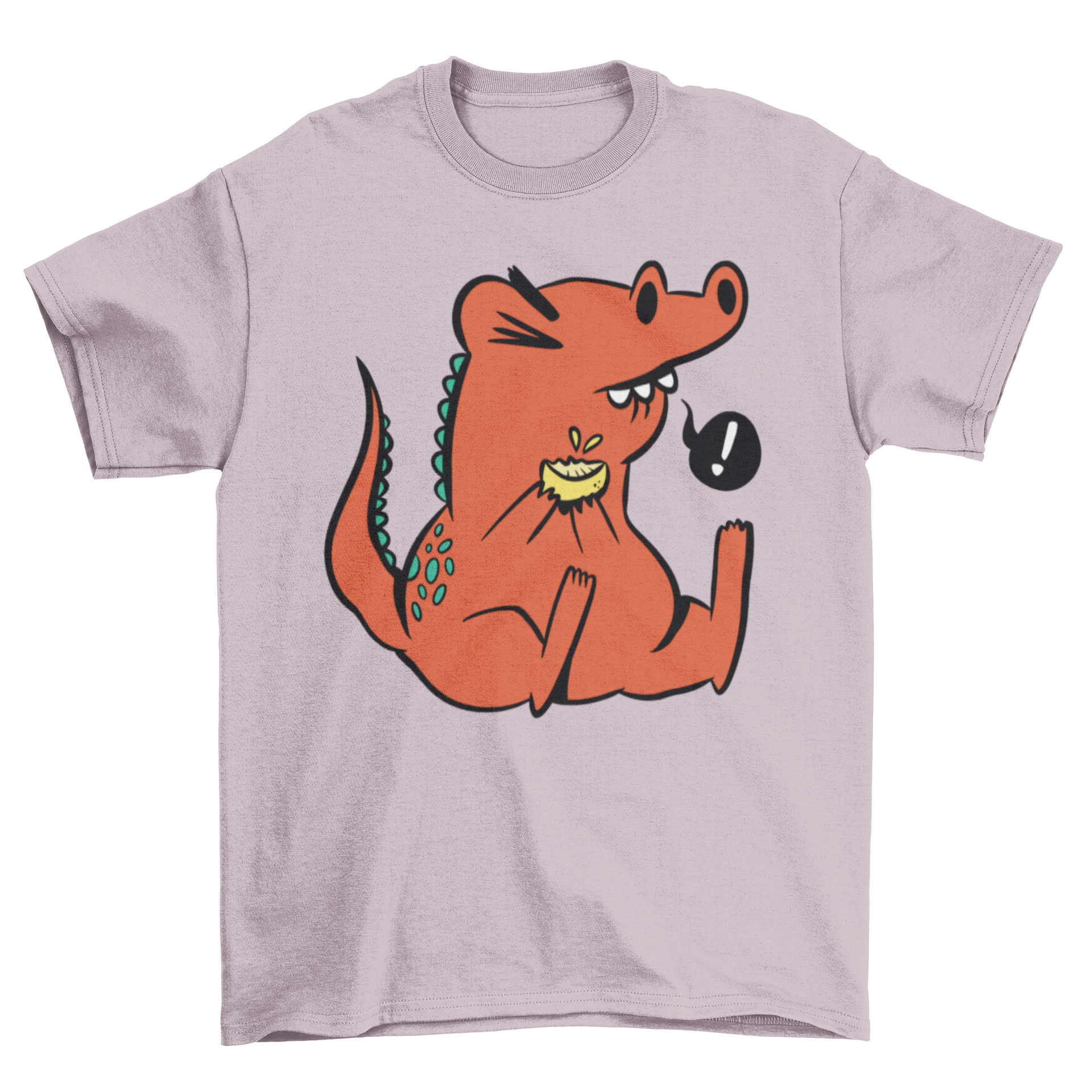 A colorful cartoon t-shirt featuring a dinosaur happily eating a lemon, showcasing a fun and playful design.