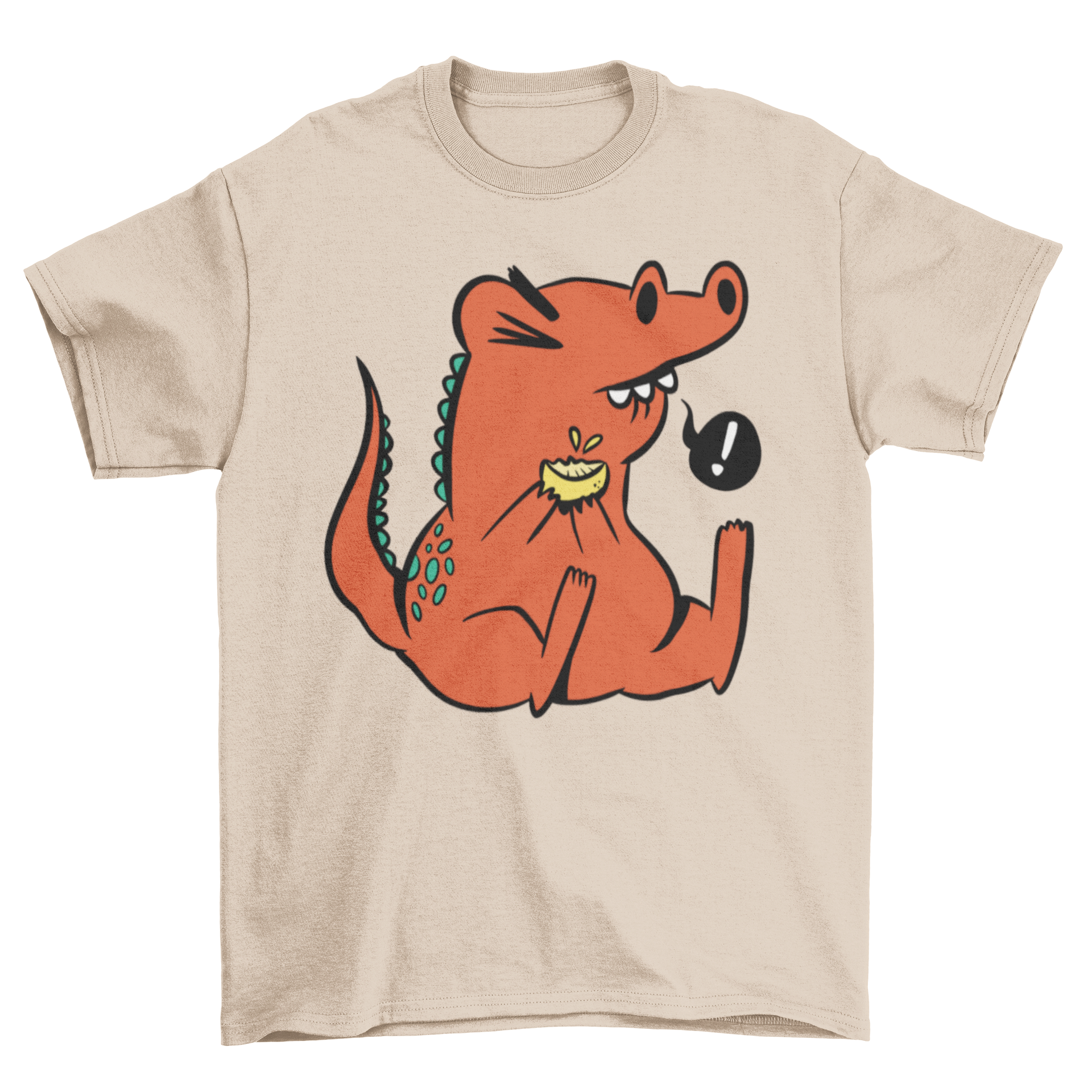 A colorful cartoon t-shirt featuring a dinosaur happily eating a lemon, showcasing a fun and playful design.