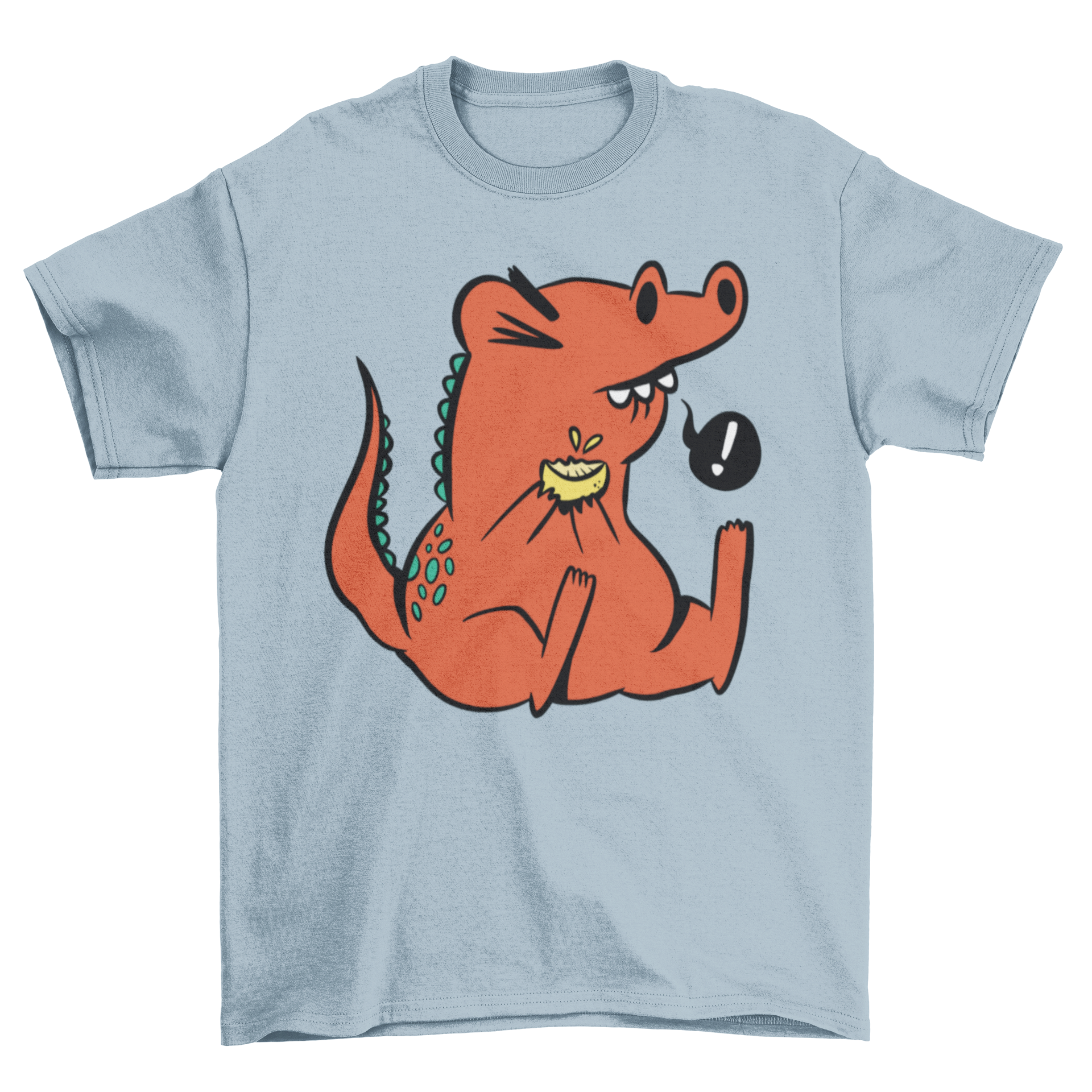 A colorful cartoon t-shirt featuring a dinosaur happily eating a lemon, showcasing a fun and playful design.