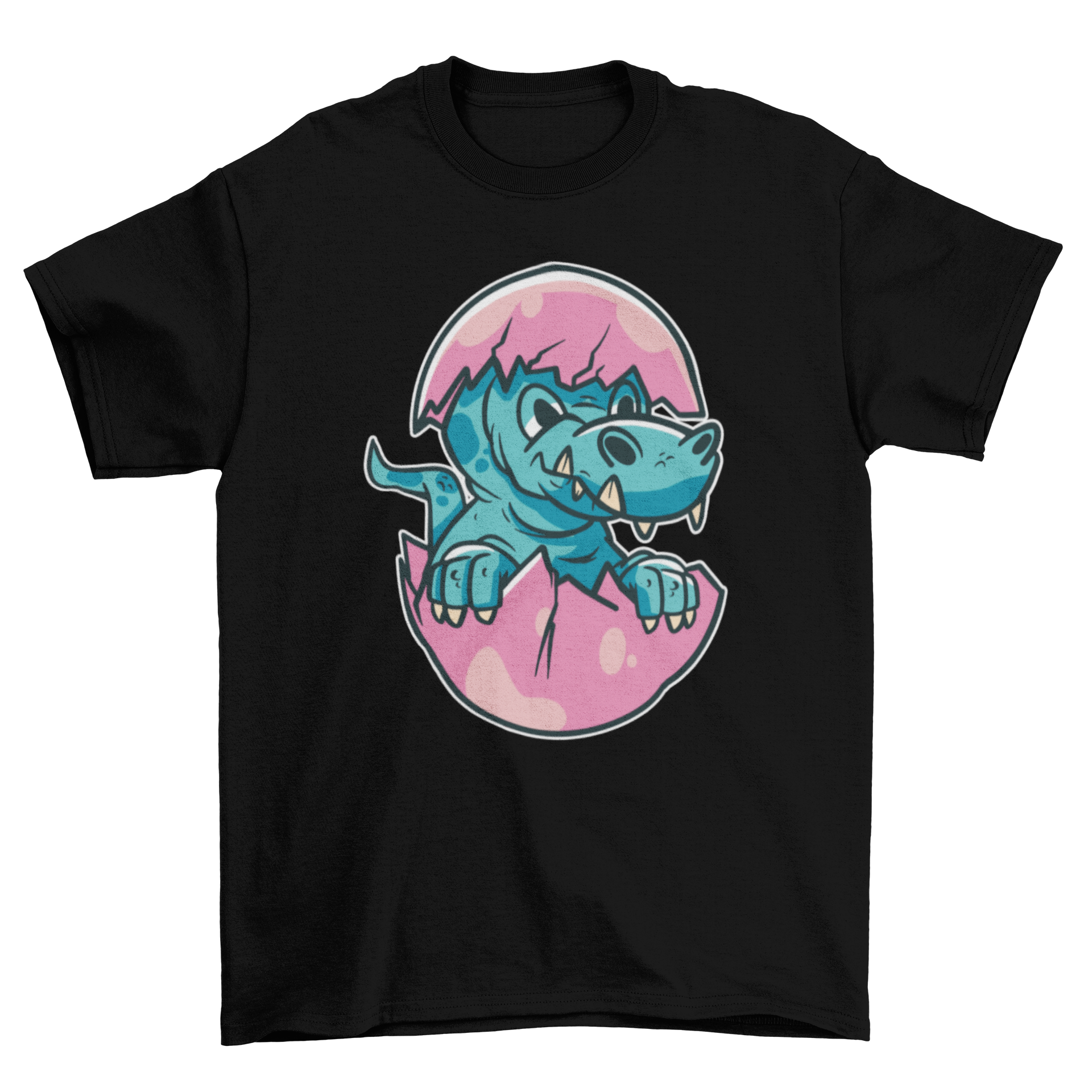 A vibrant t-shirt featuring a dinosaur hatching from an egg, perfect for dinosaur enthusiasts.