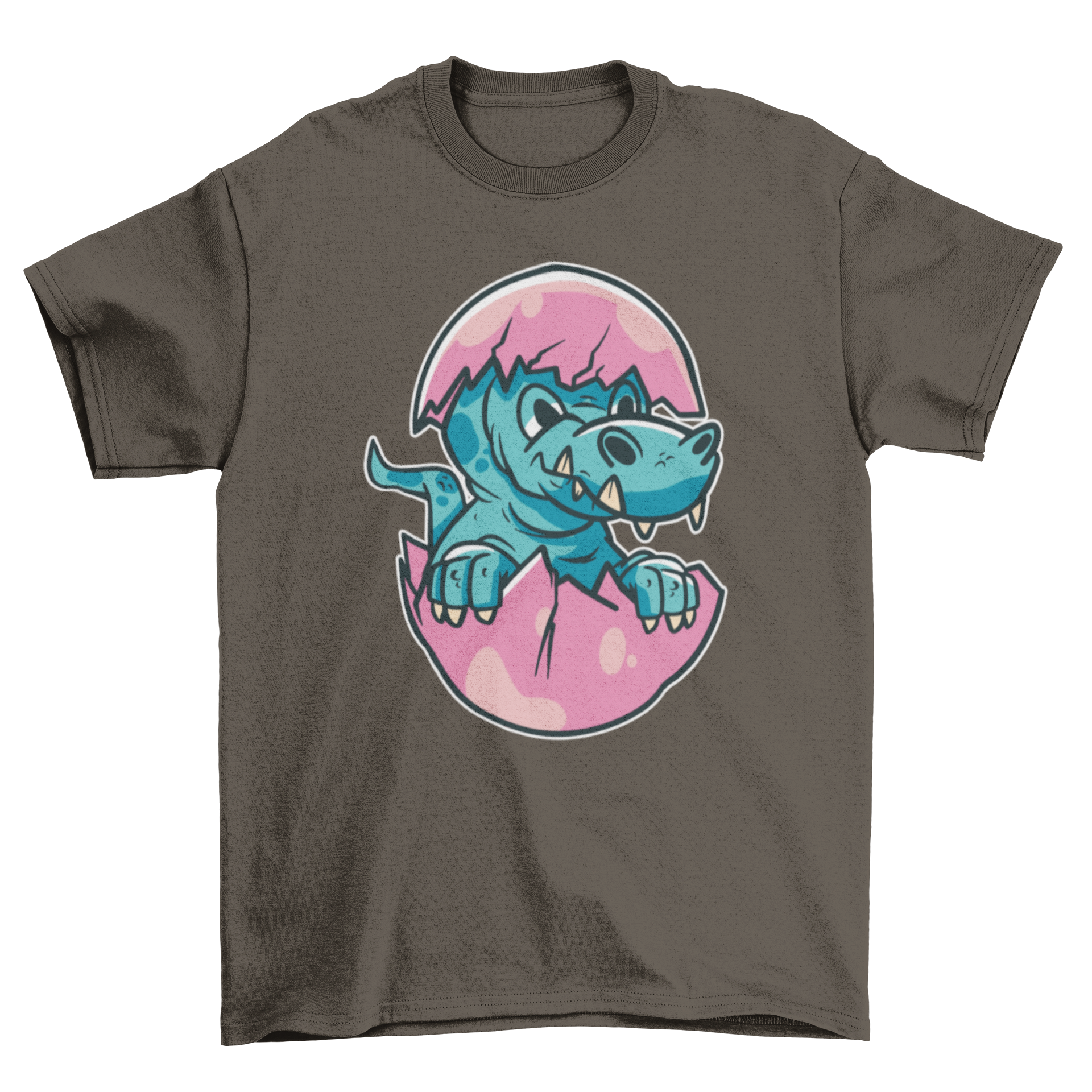 A vibrant t-shirt featuring a dinosaur hatching from an egg, perfect for dinosaur enthusiasts.