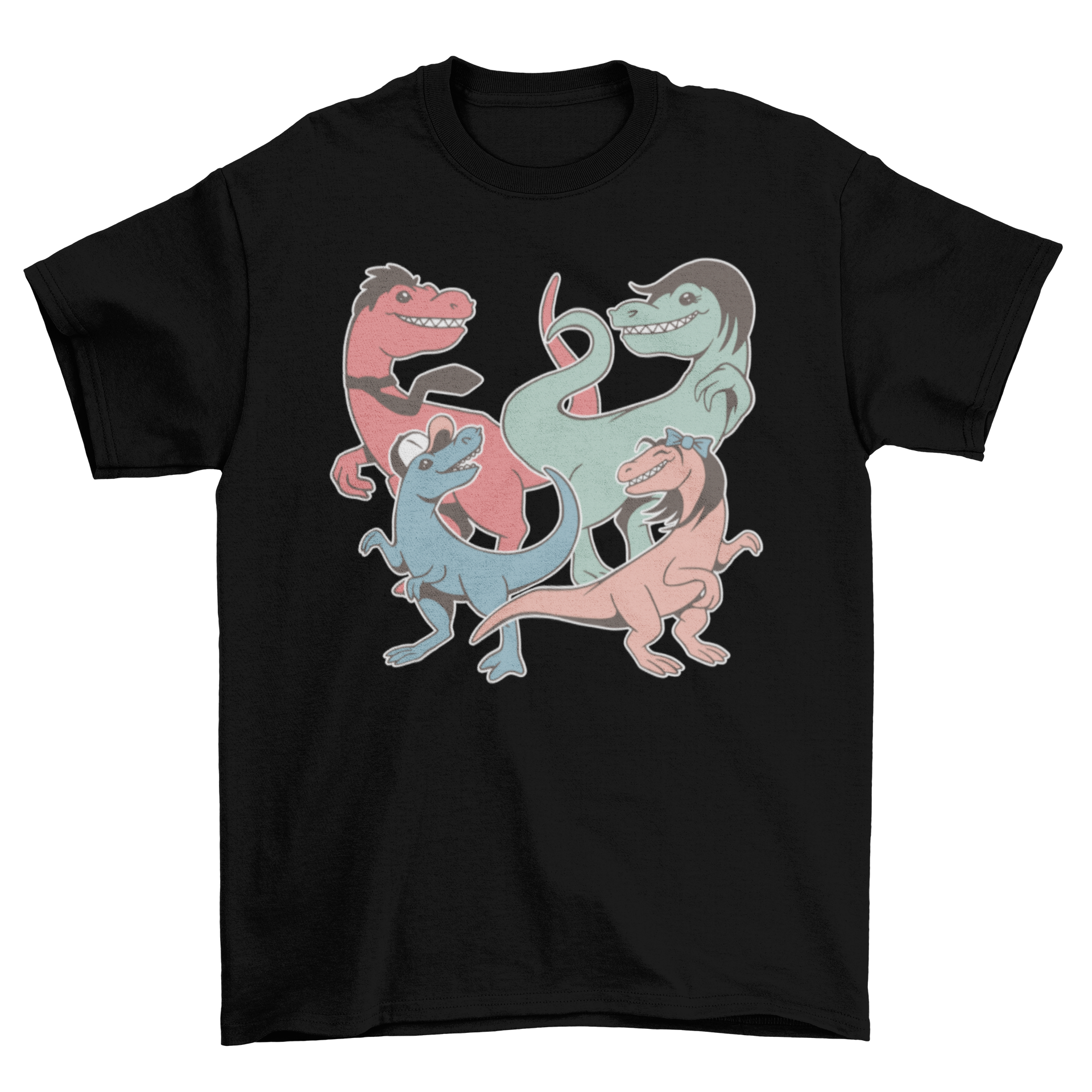 A colorful T-shirt featuring a playful family of dinosaurs in a fun design.