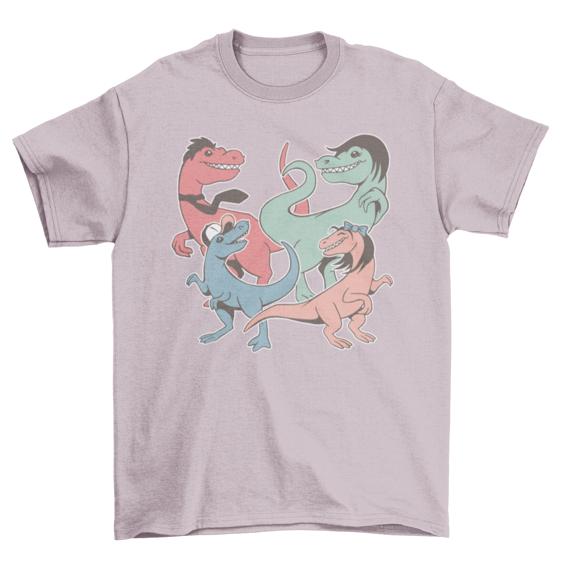 A colorful T-shirt featuring a playful family of dinosaurs in a fun design.